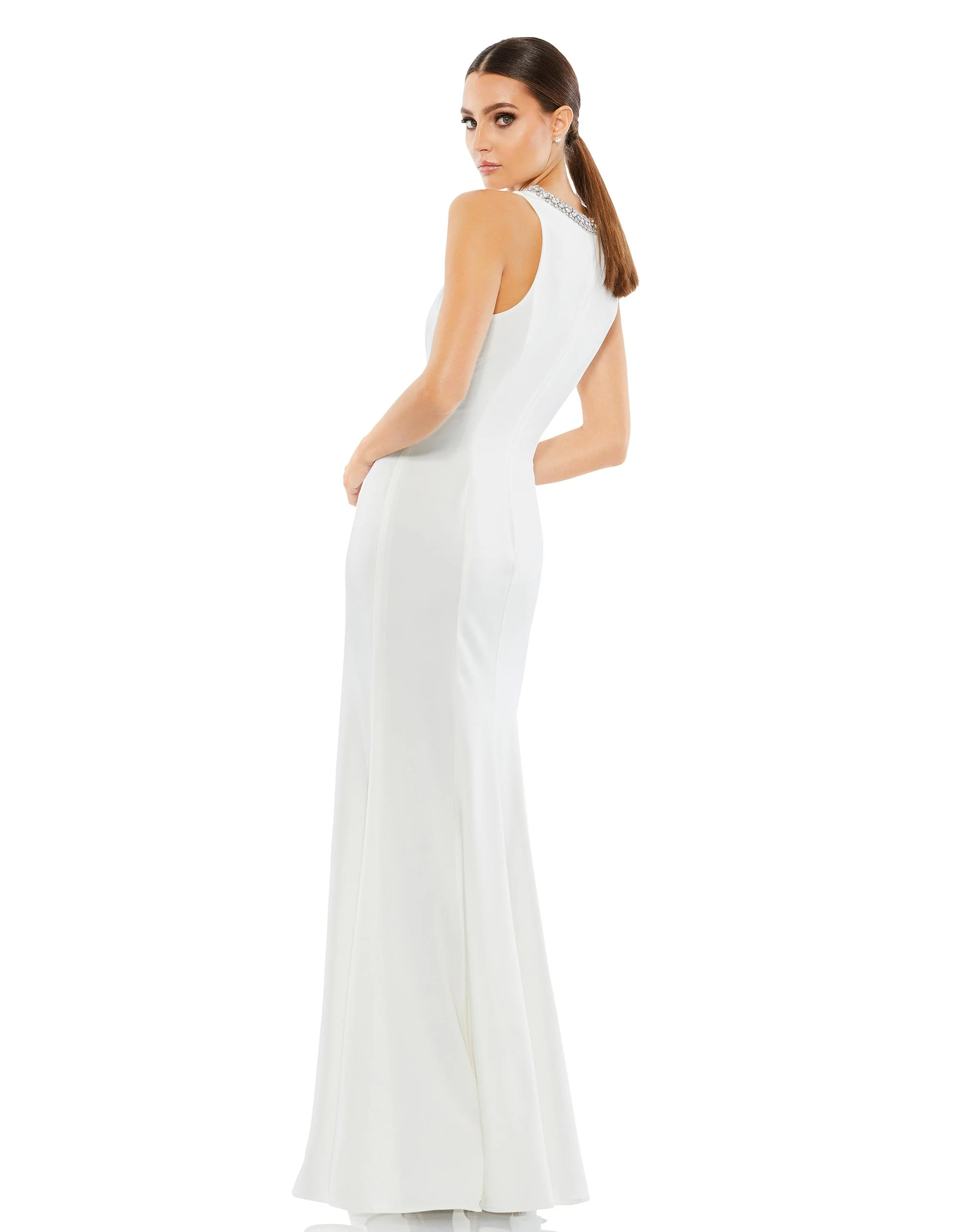 White Embellished Neck Trumpet Gown