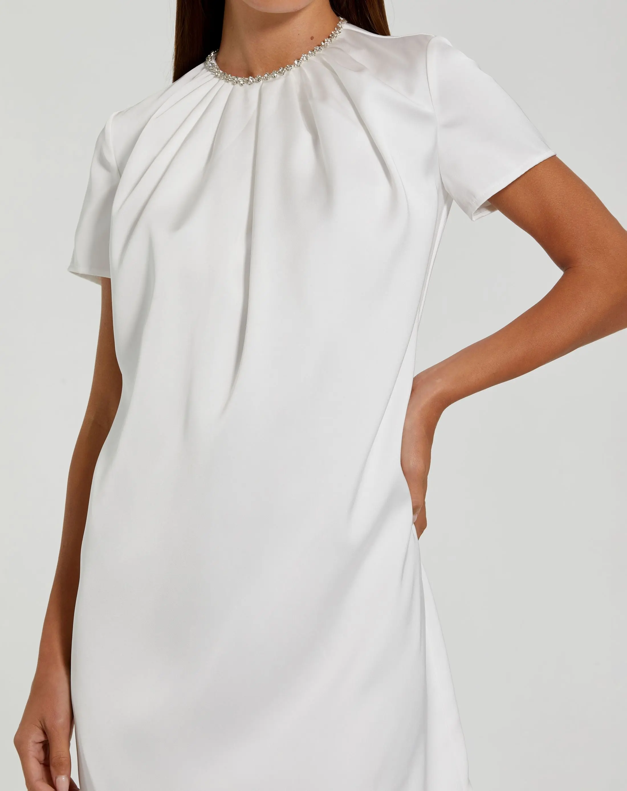 White Rhinestone Embellished Neckline Shift Dress