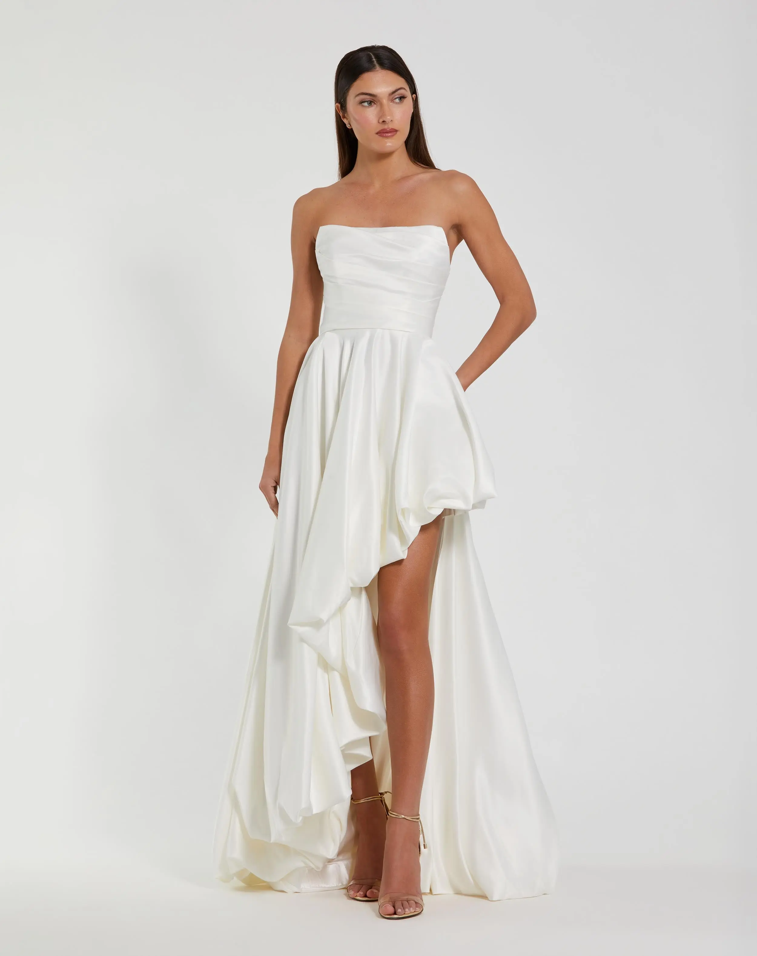 White Strapless Ruched High Low Gown