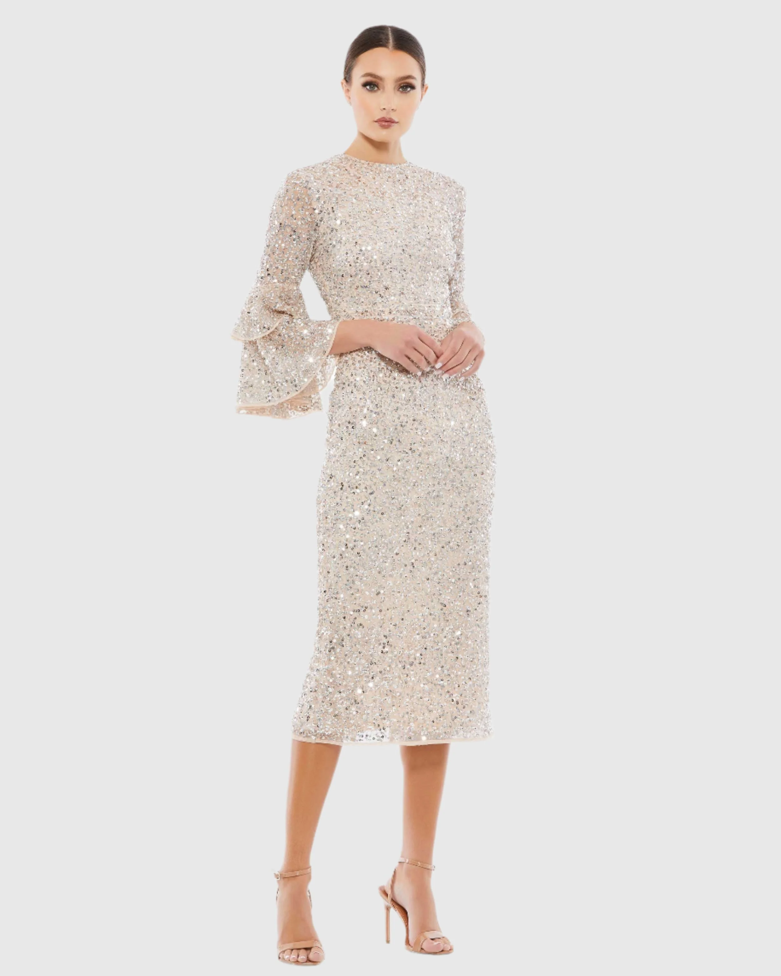 Beige Fully Sequined Ruffle Tiered 3/4 Sleeve Midi Dress