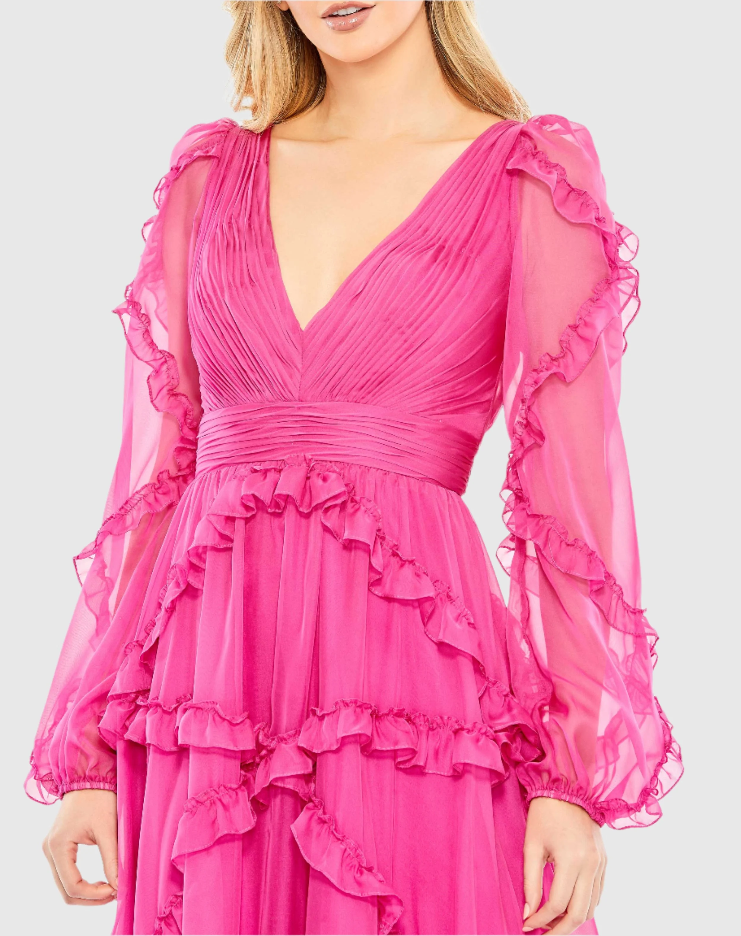Pink Cascade Ruffle Puff Sleeve A Line Gown