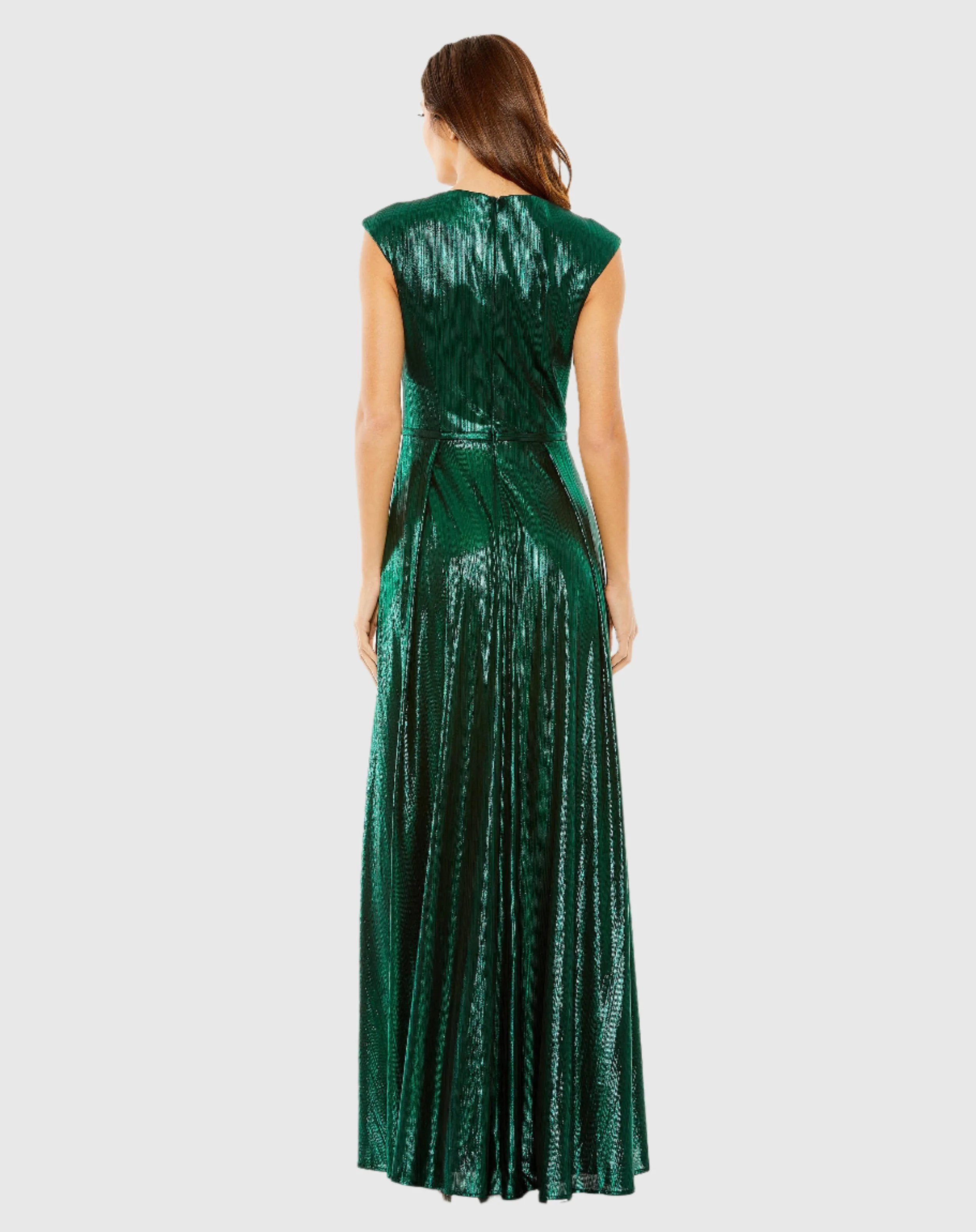 Cap Sleeve Deep V Neck High Slit Metallic Gown