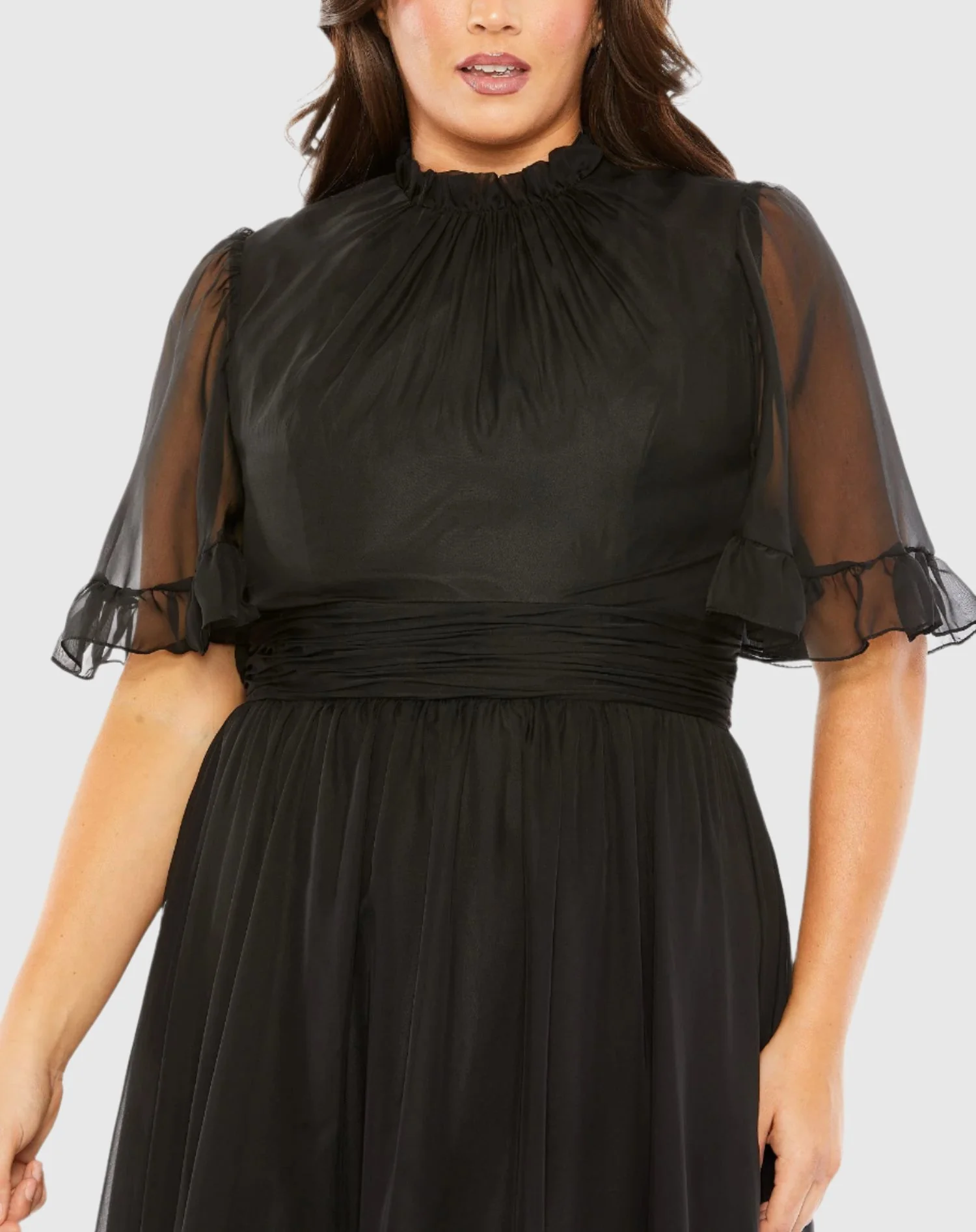 Black Ruffle Tiered High Low Flutter Sleeve Gown