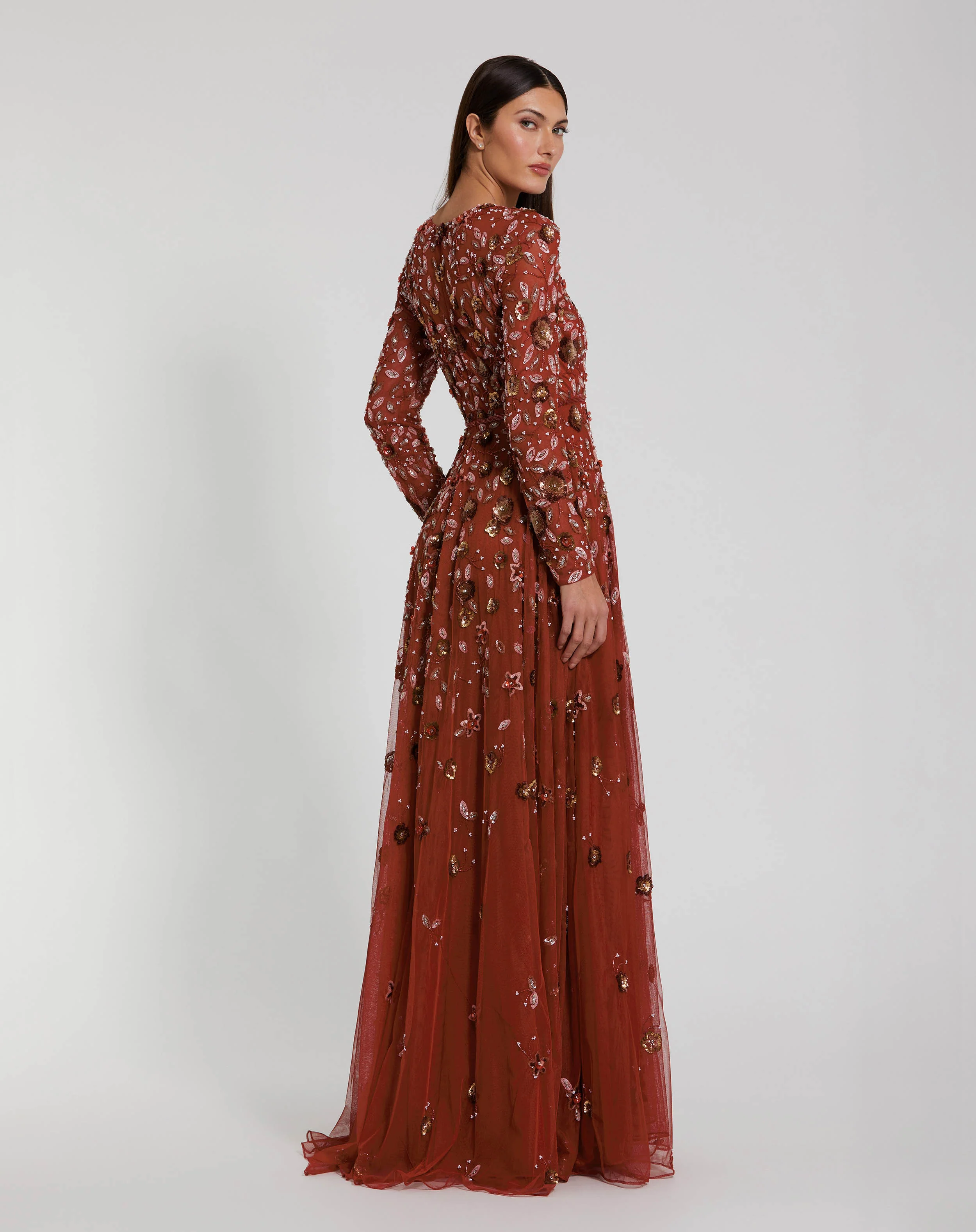 Red Embellished High Neck Long Sleeve A Line Gown