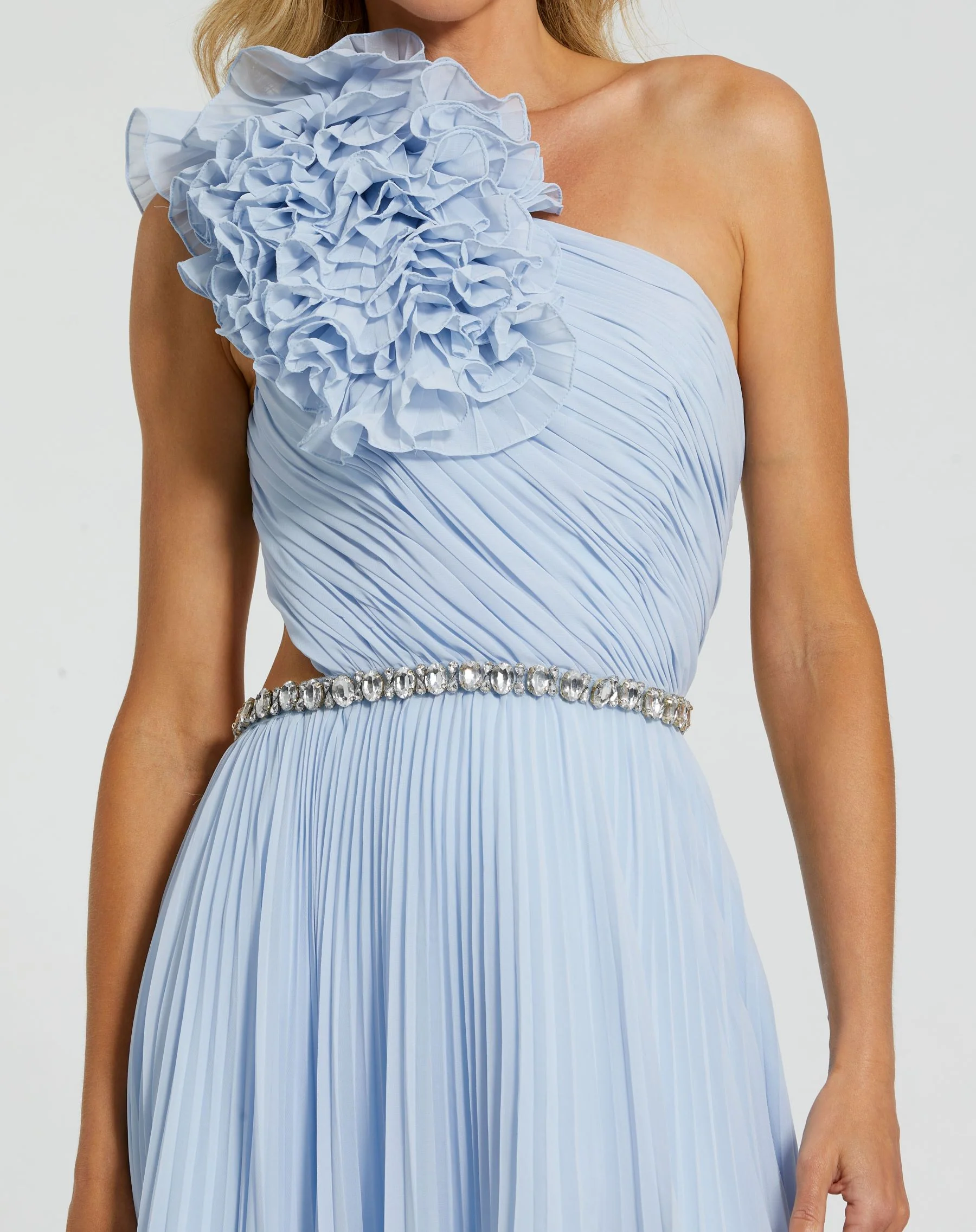 Blue Floral Detail One Shoulder Gown With Side Slit