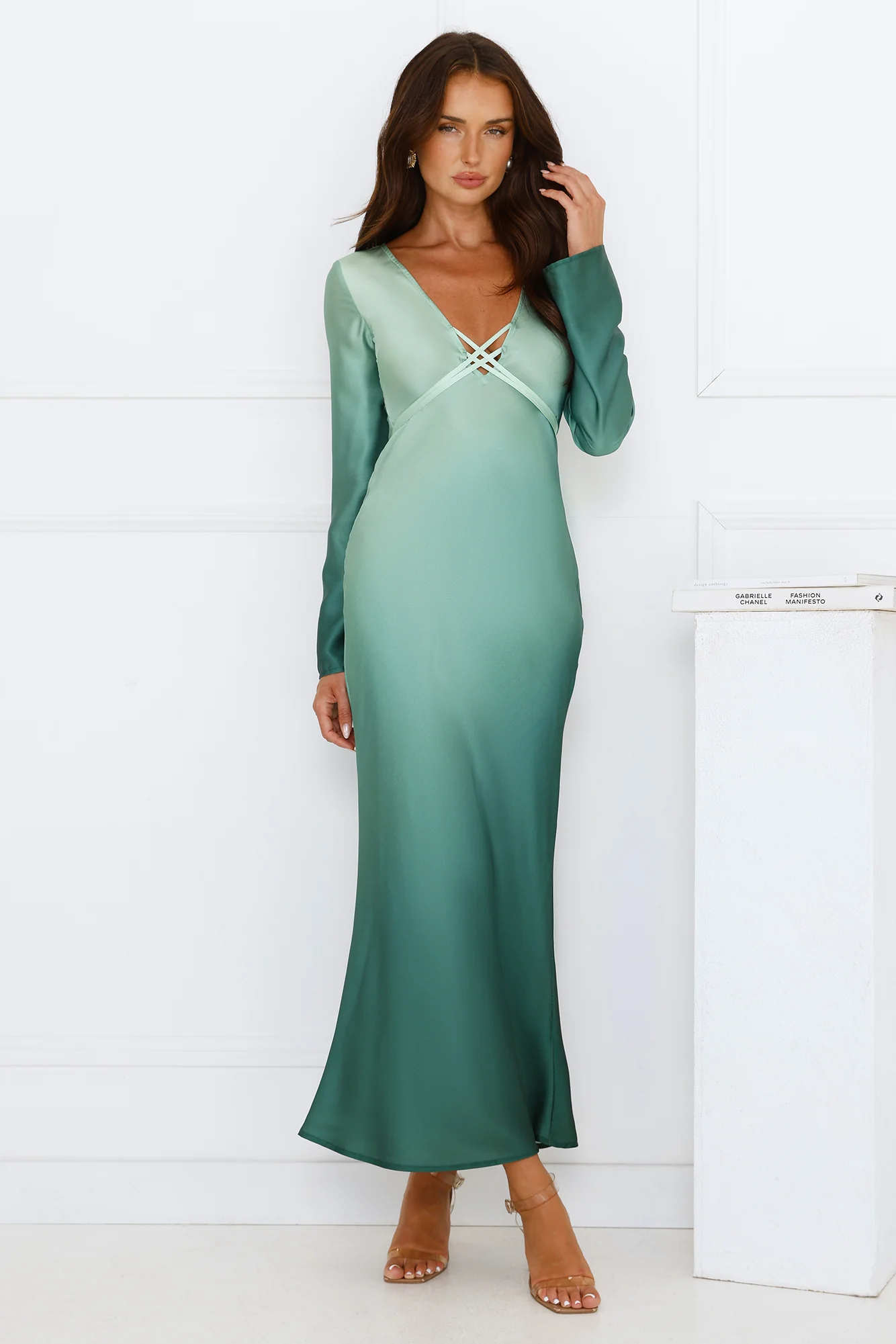 Horizon Hues Satin Long Sleeve Midi Dress Green Ombre