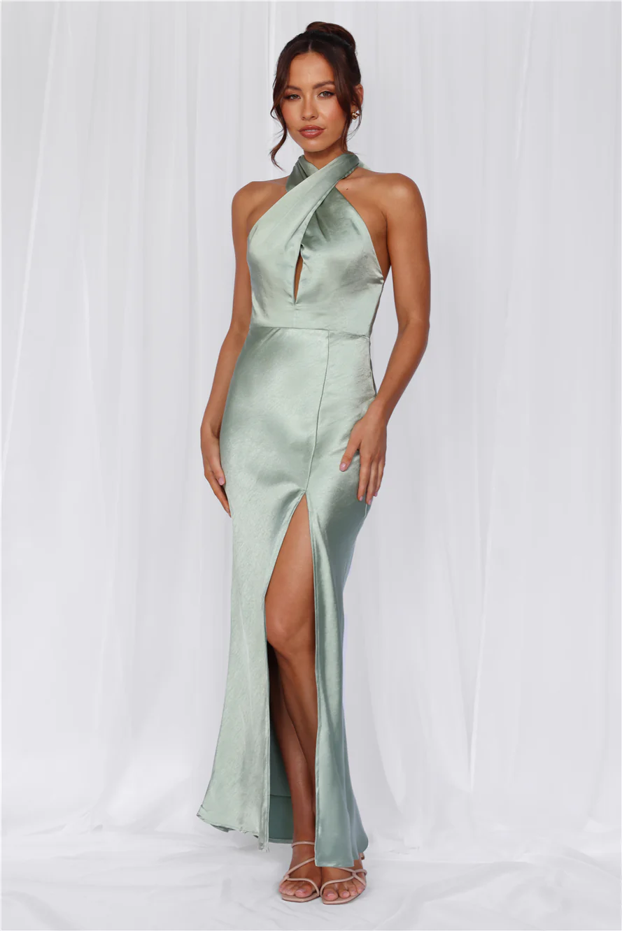 HELLO MOLLY The Adeline Halter Satin Maxi Dress Sage