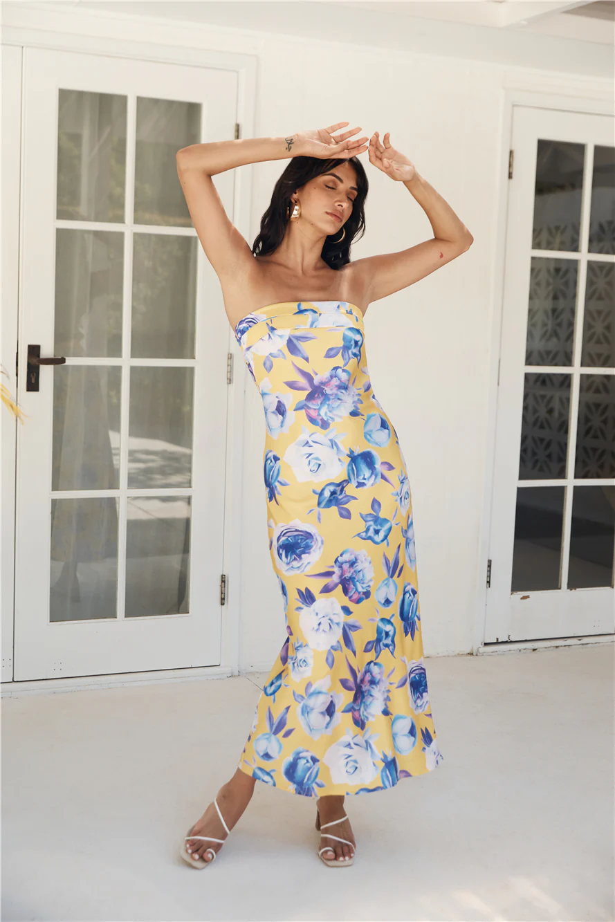 Impressive Me Strapless Satin Maxi Dress Yellow