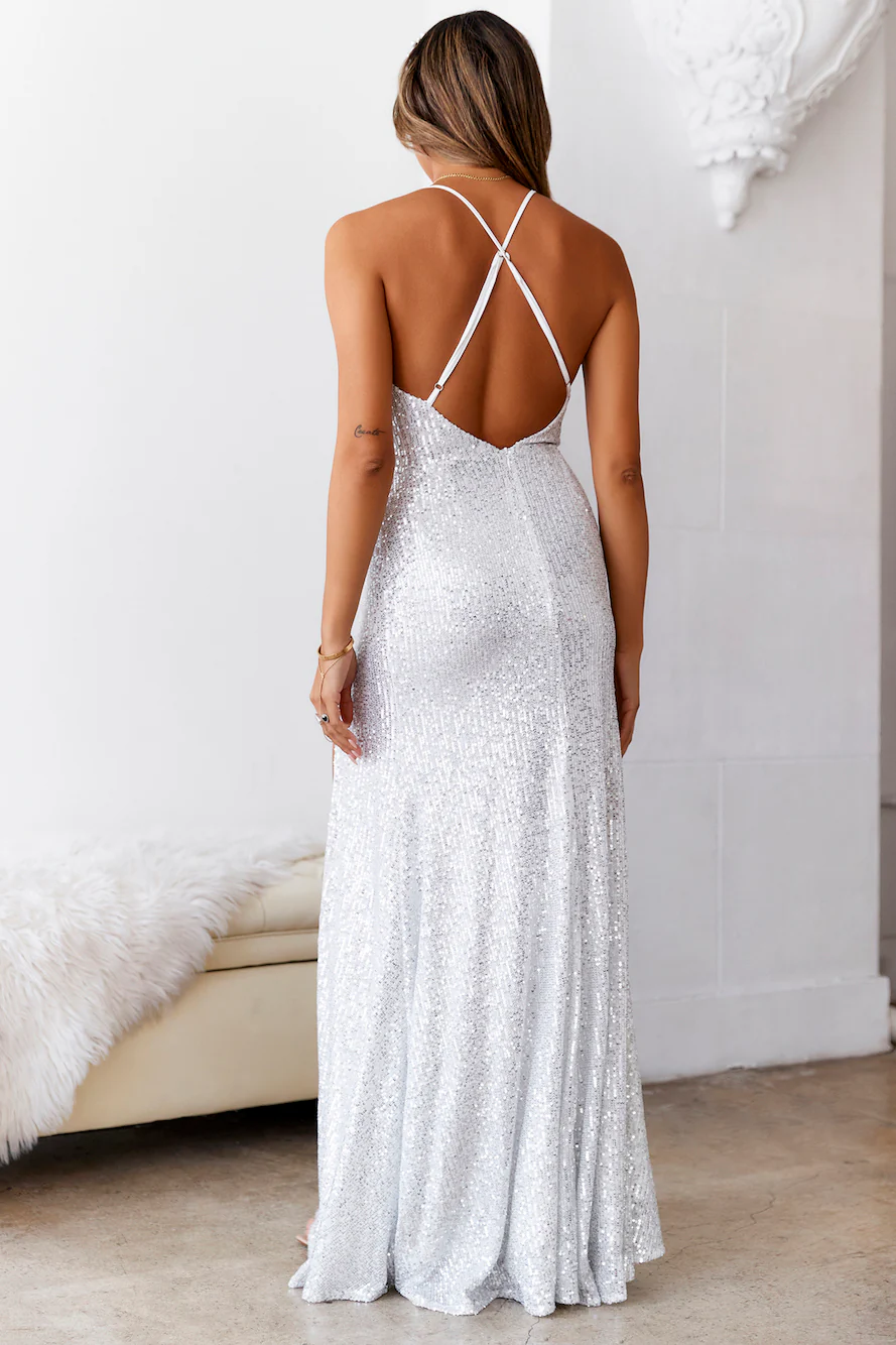 DEAR EMILIA Many Different Names Sequin Maxi Dress Silver
