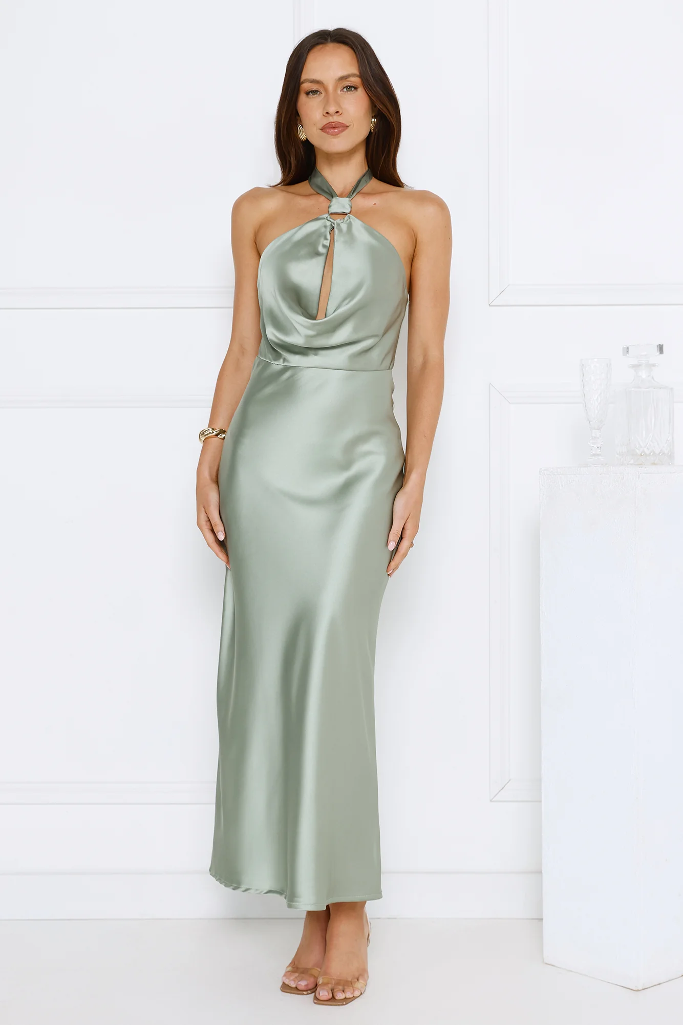 Essence of Style Halter Satin Maxi Dress Sage