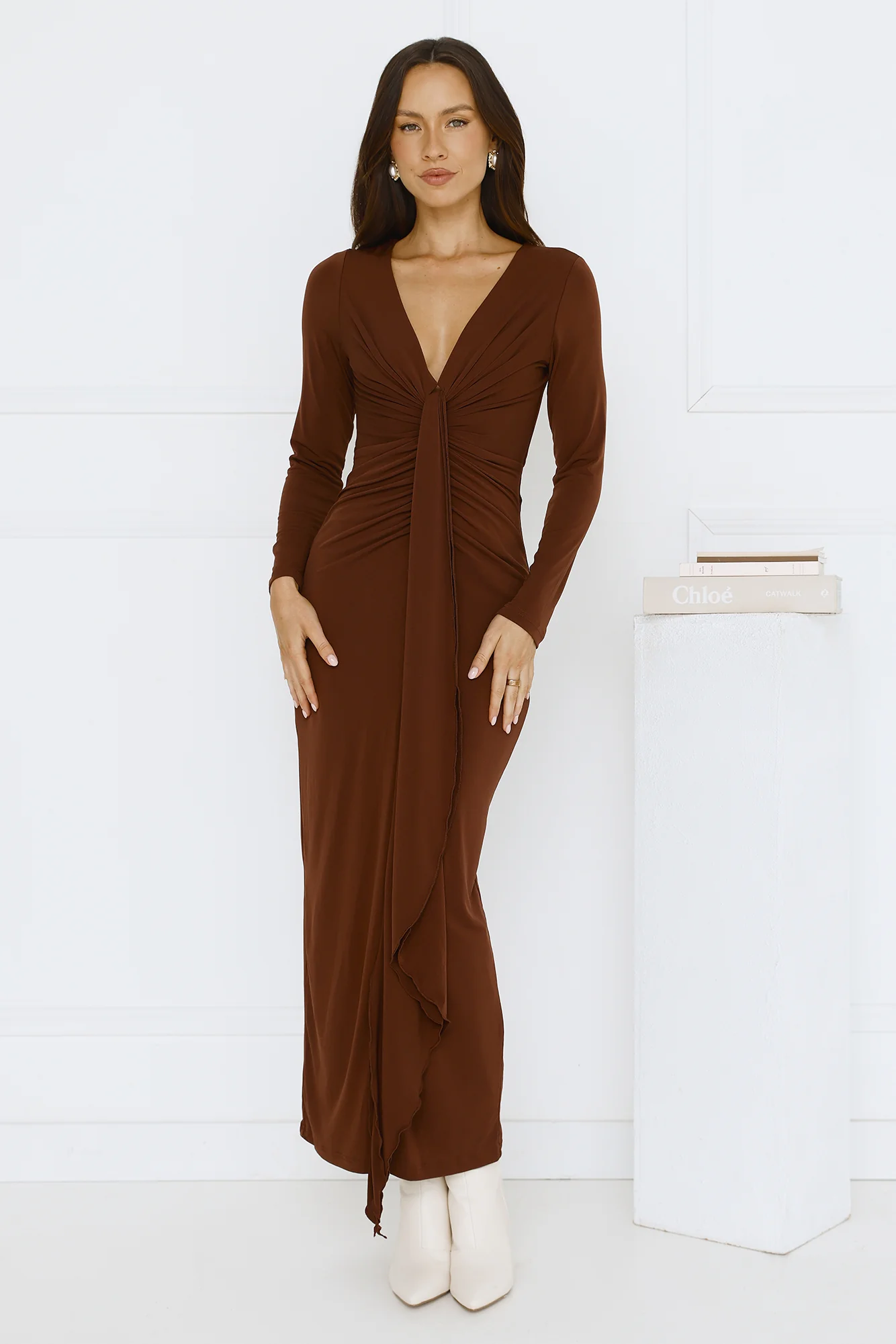 Golden Mirage Long Sleeve Maxi Dress Brown