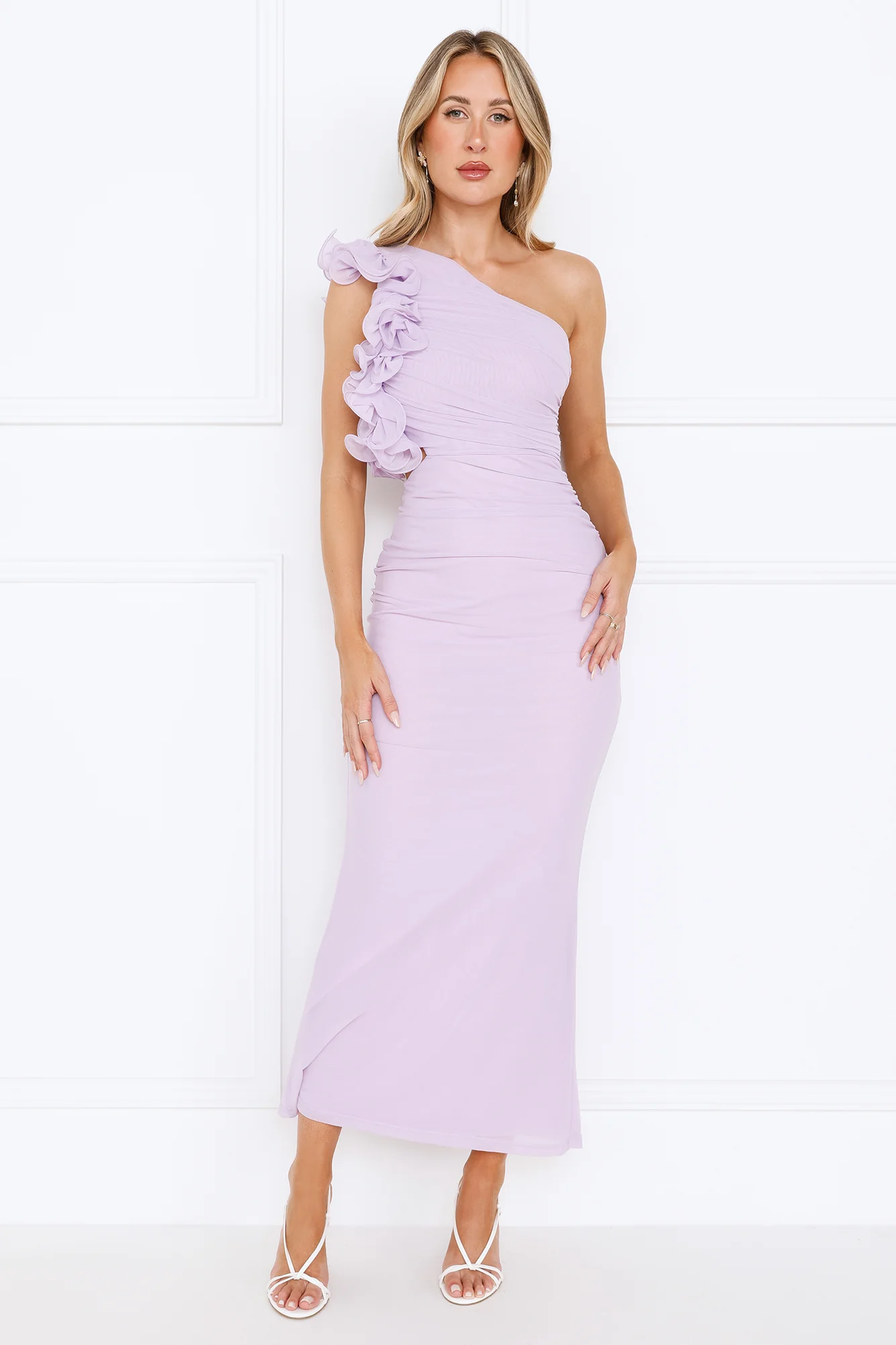 Luxe By Moonlight One Shoulder Mesh Maxi Dress Lilac