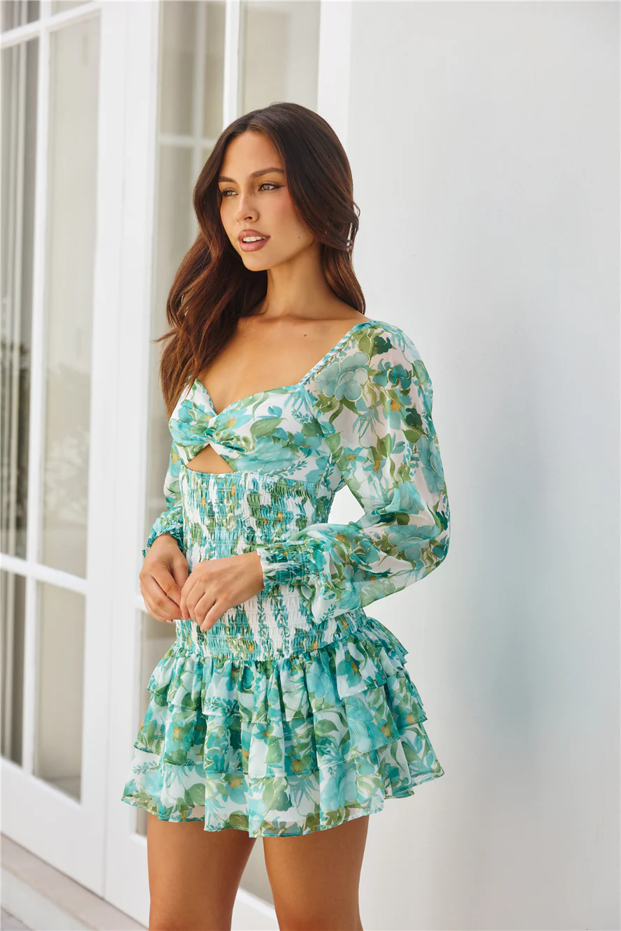Tea Gardens Long Sleeve Mini Dress Green