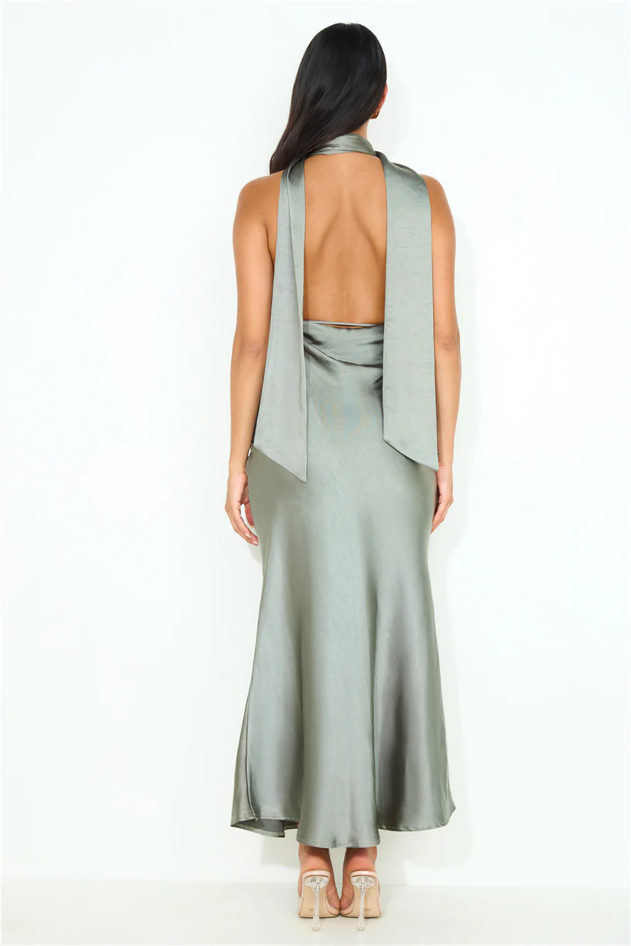 Cold As Ice Satin Maxi Dress Khaki