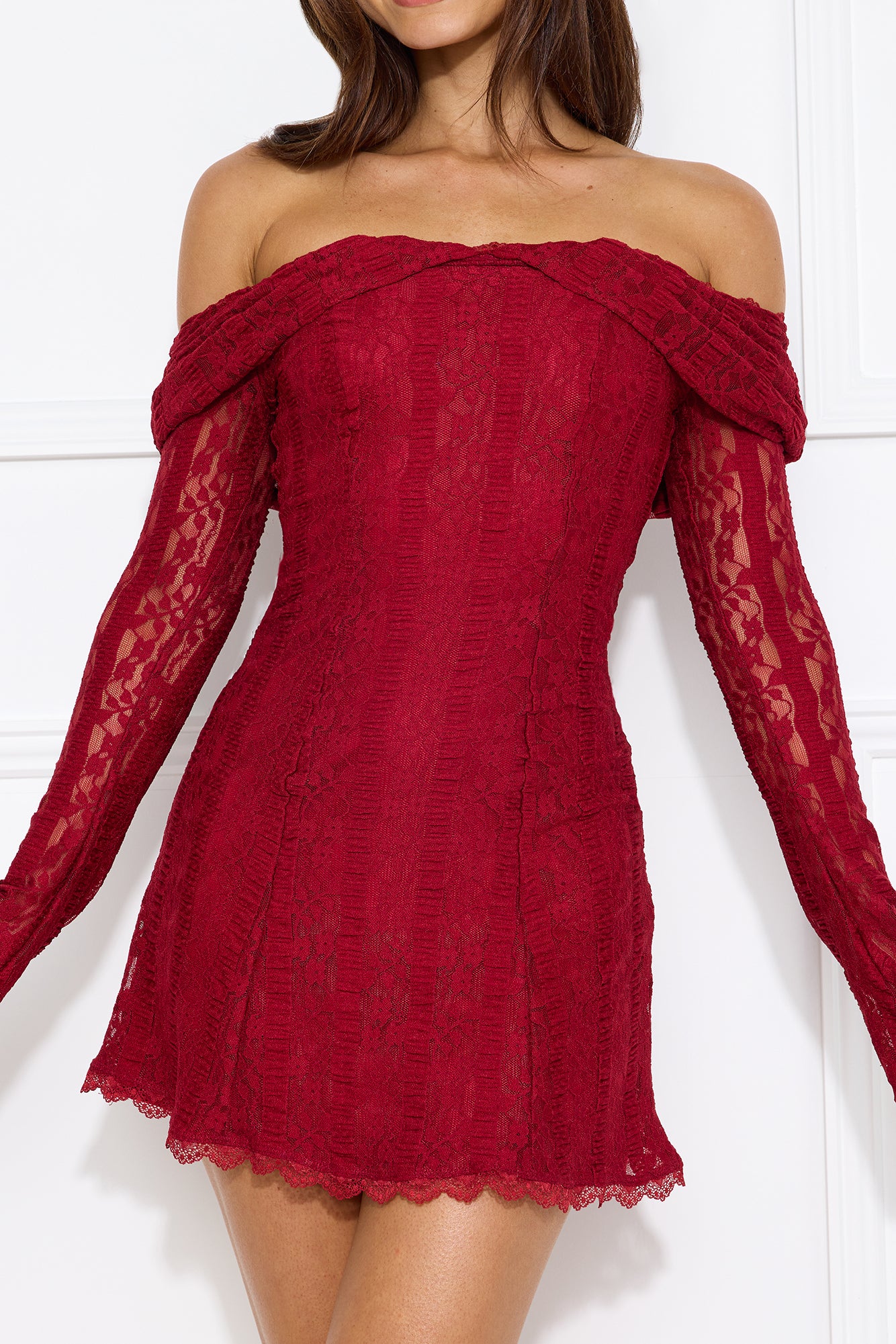 Secret Smile Lace Off Shoulder Mini Dress Burgundy