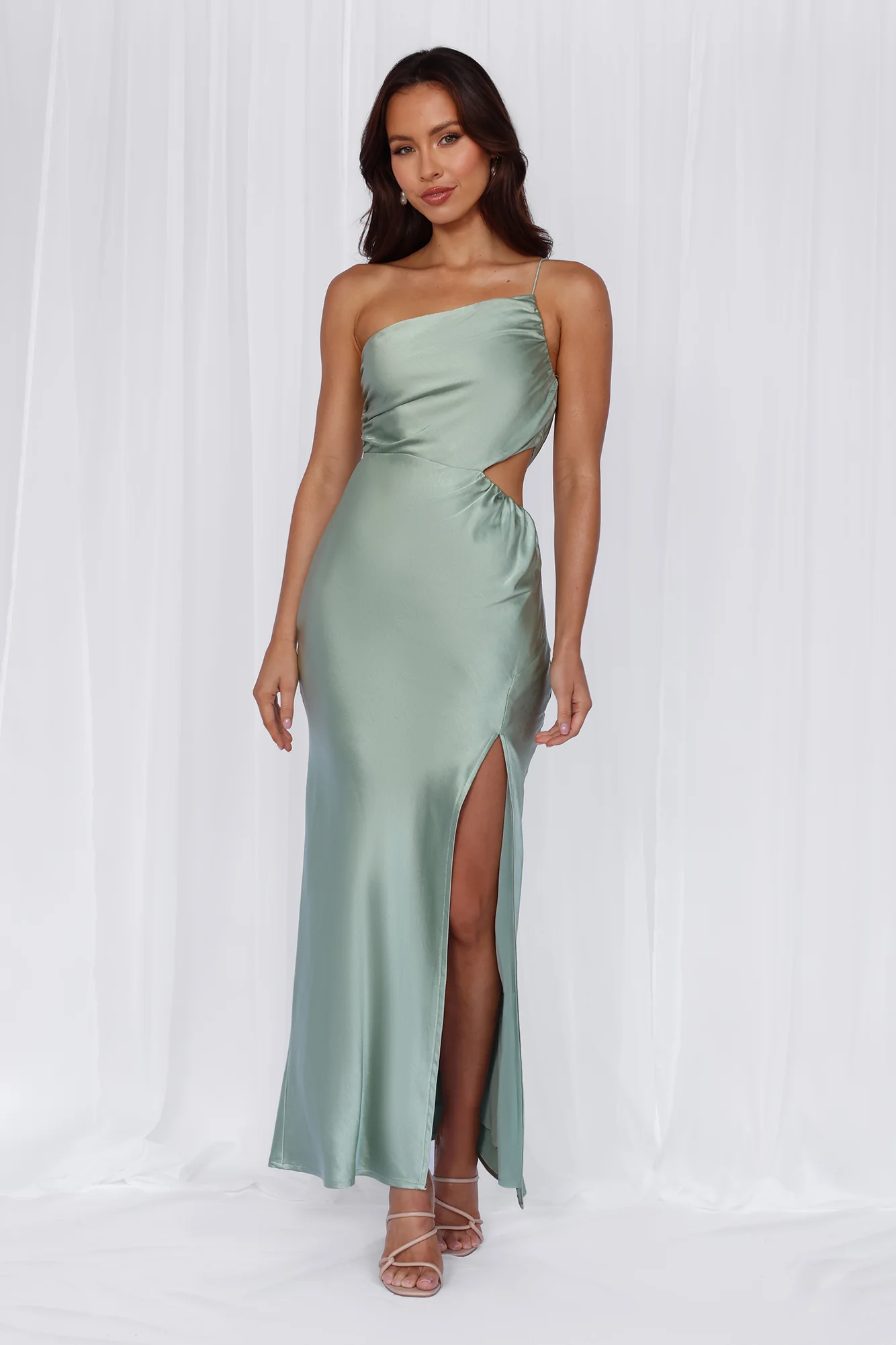 HELLO MOLLY The Opal One Shoulder Satin Maxi Dress Sage