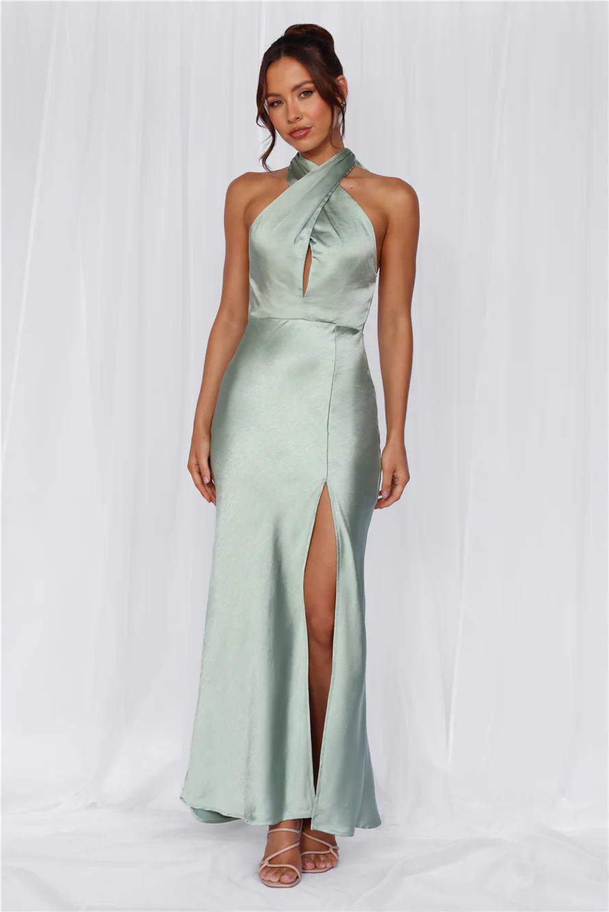 HELLO MOLLY The Adeline Halter Satin Maxi Dress Sage