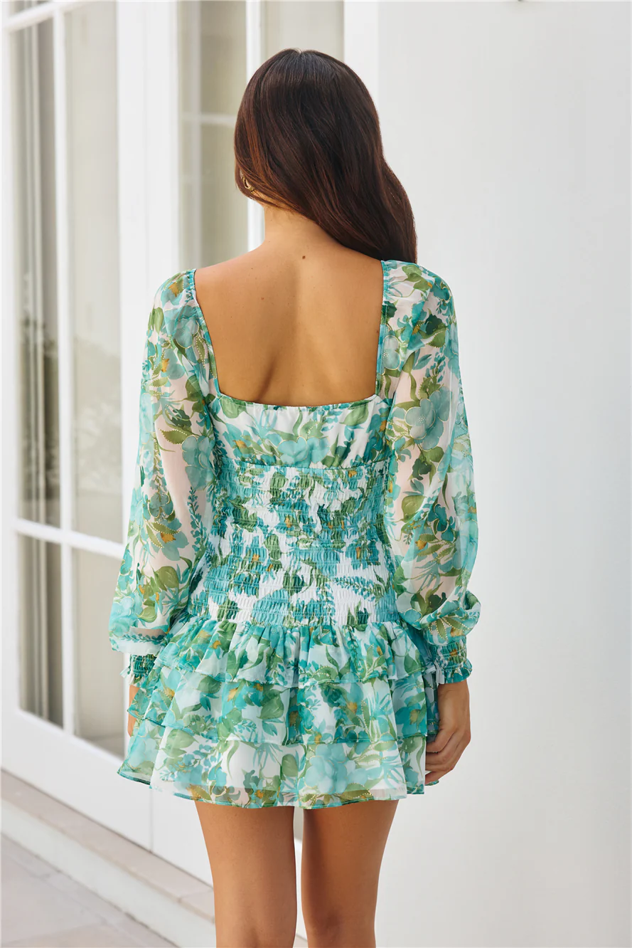 Tea Gardens Long Sleeve Mini Dress Green