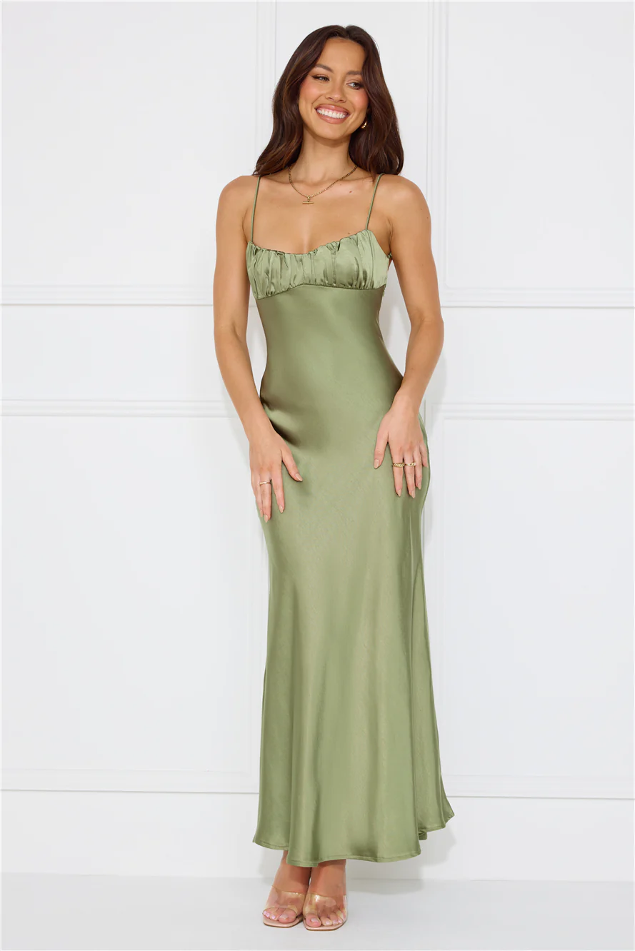 Silk Shimmers Satin Maxi Dress Olive