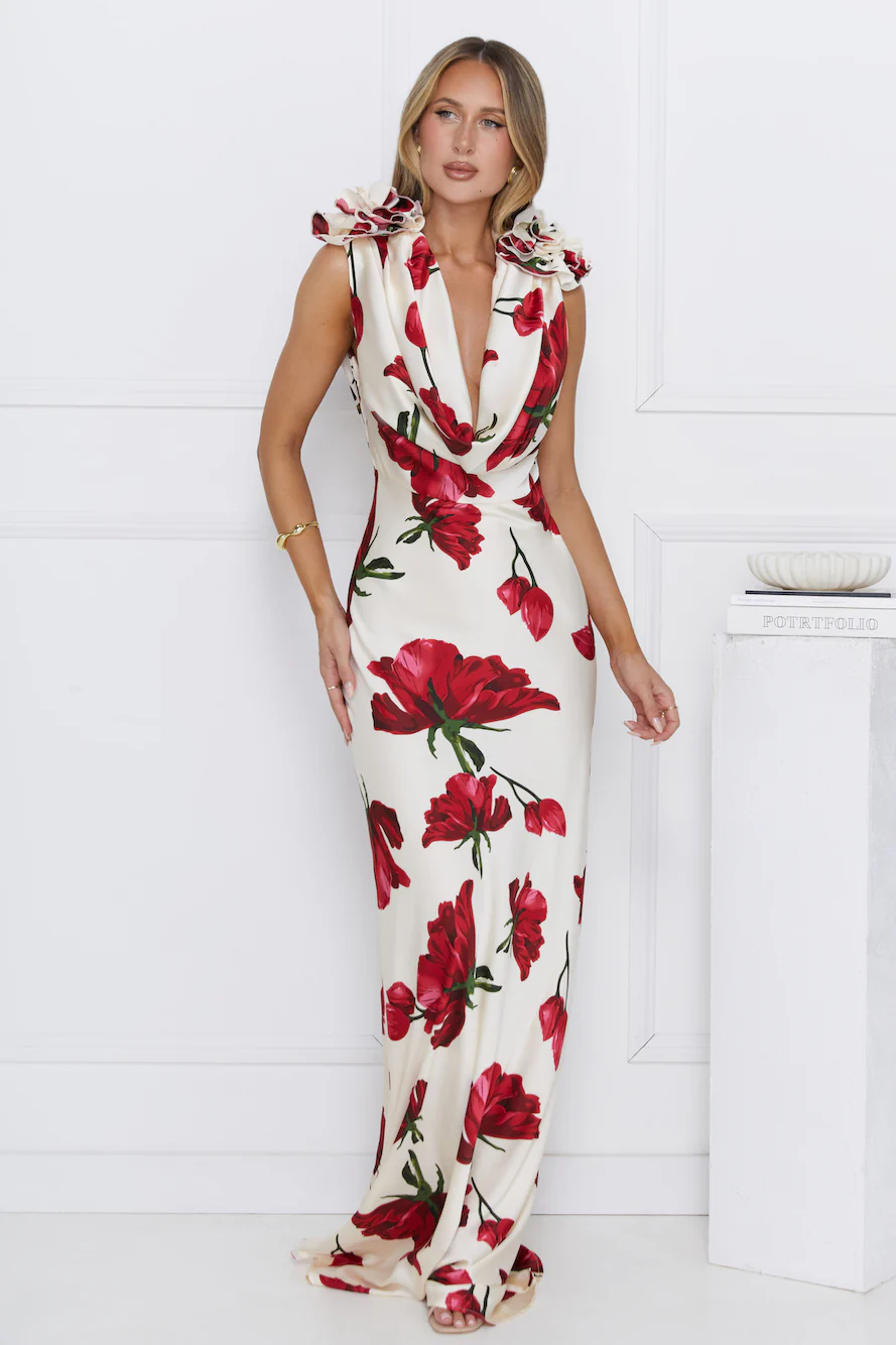Falling Petals Satin Maxi Dress Ivory