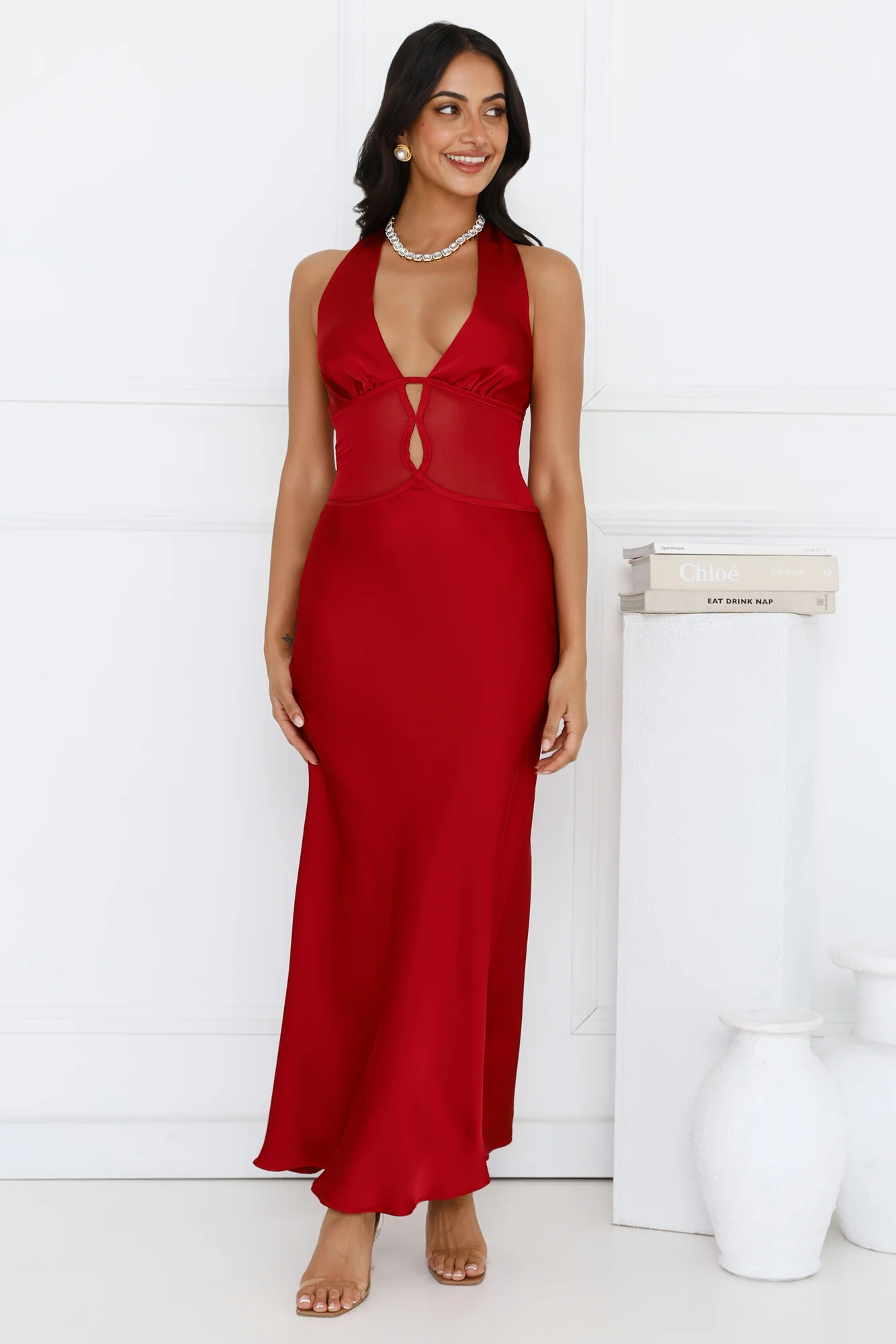 Flowers For Myself Satin Halter Maxi Dress Maroon