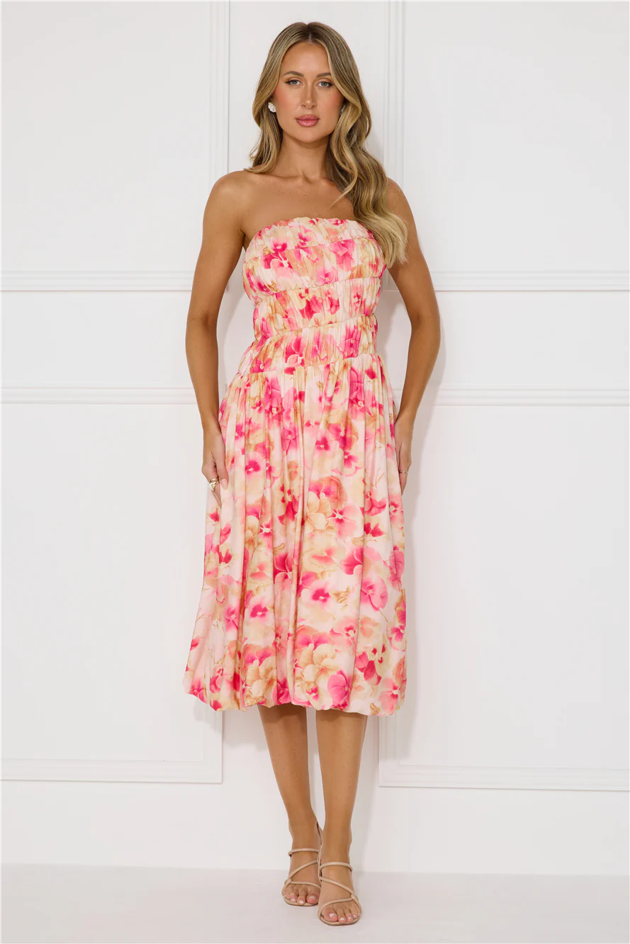 Romance Movie Strapless Bubble Midi Dress Pink