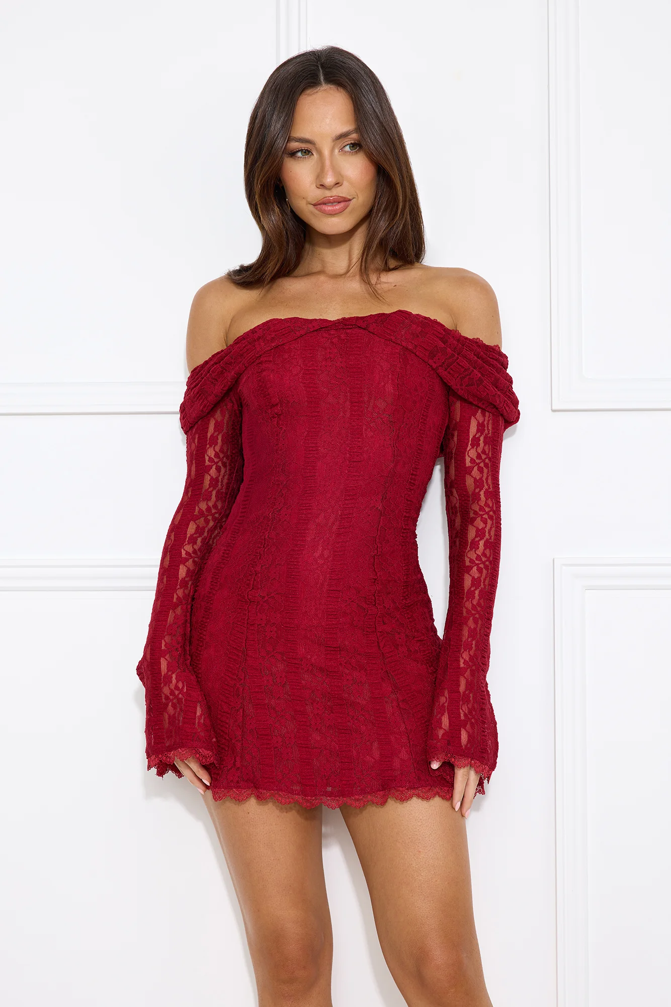 Secret Smile Lace Off Shoulder Mini Dress Burgundy