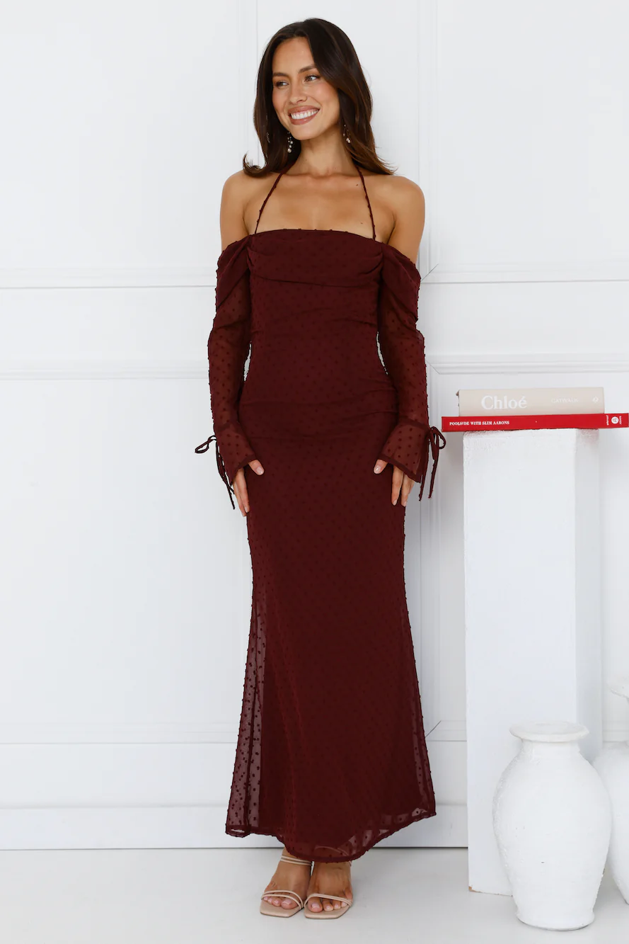 One Stylish Moment Off Shoulder Maxi Dress Wine