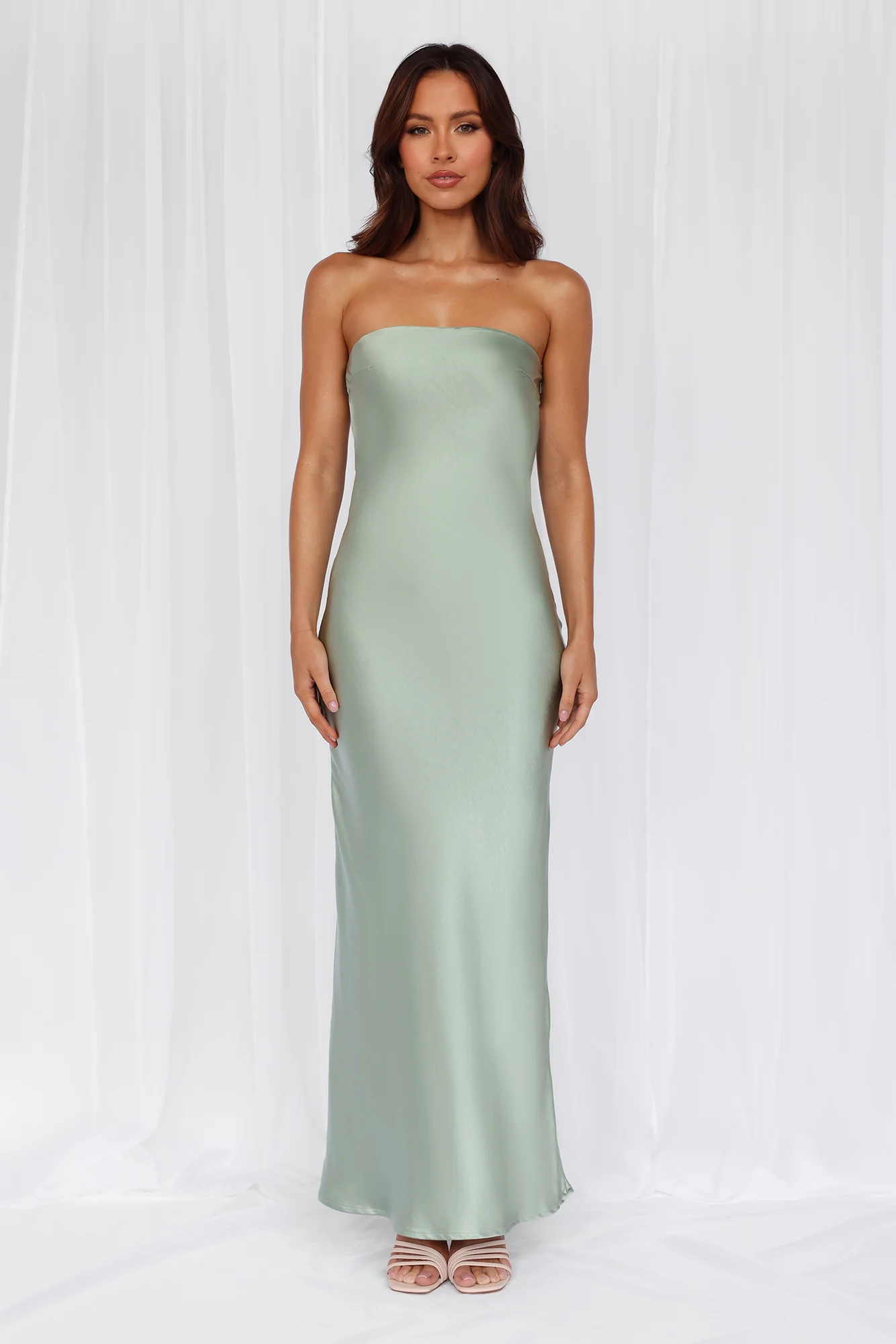 The Felicity Strapless Satin Maxi Dress Sage