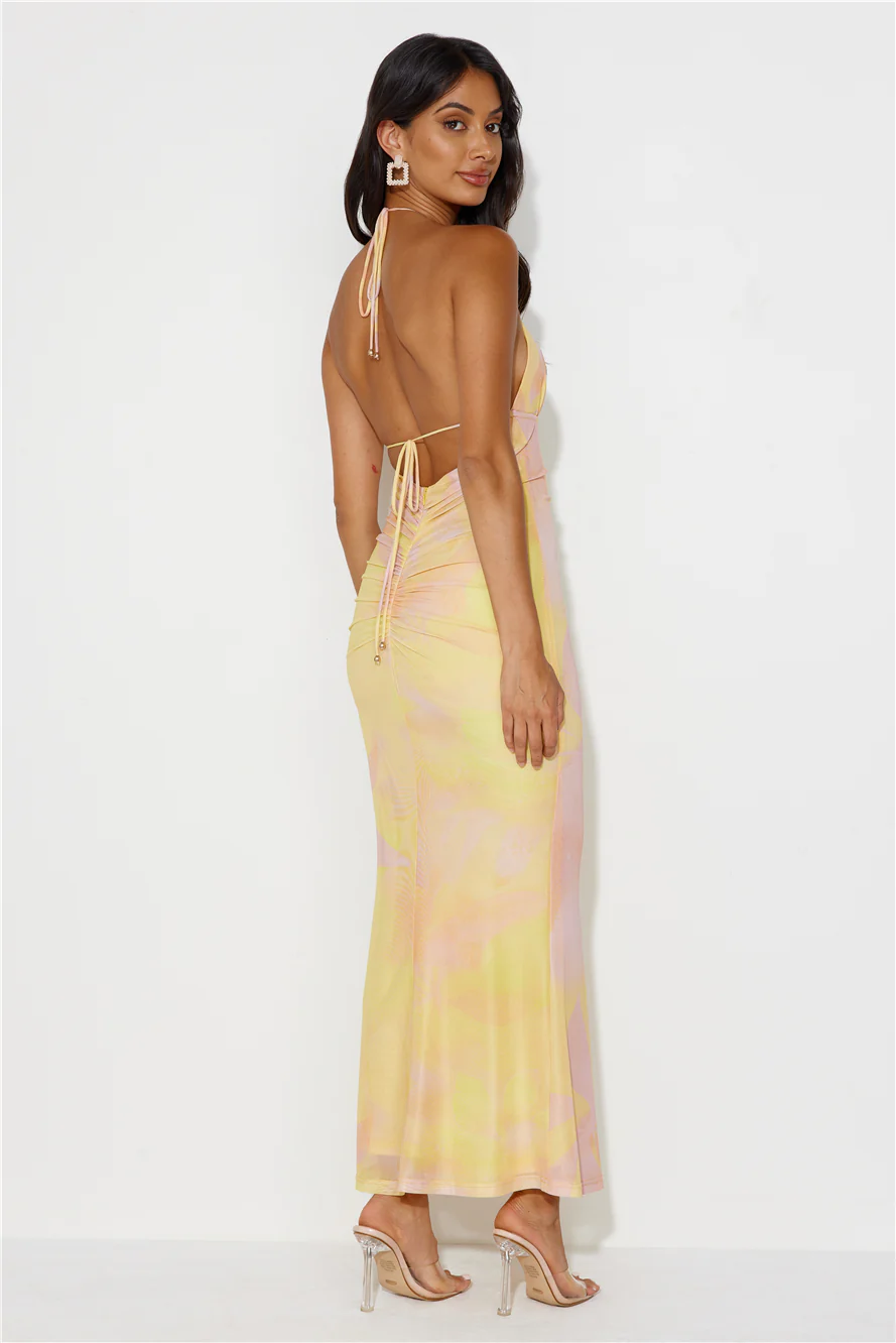 Charming Evening Halter Mesh Maxi Dress Yellow