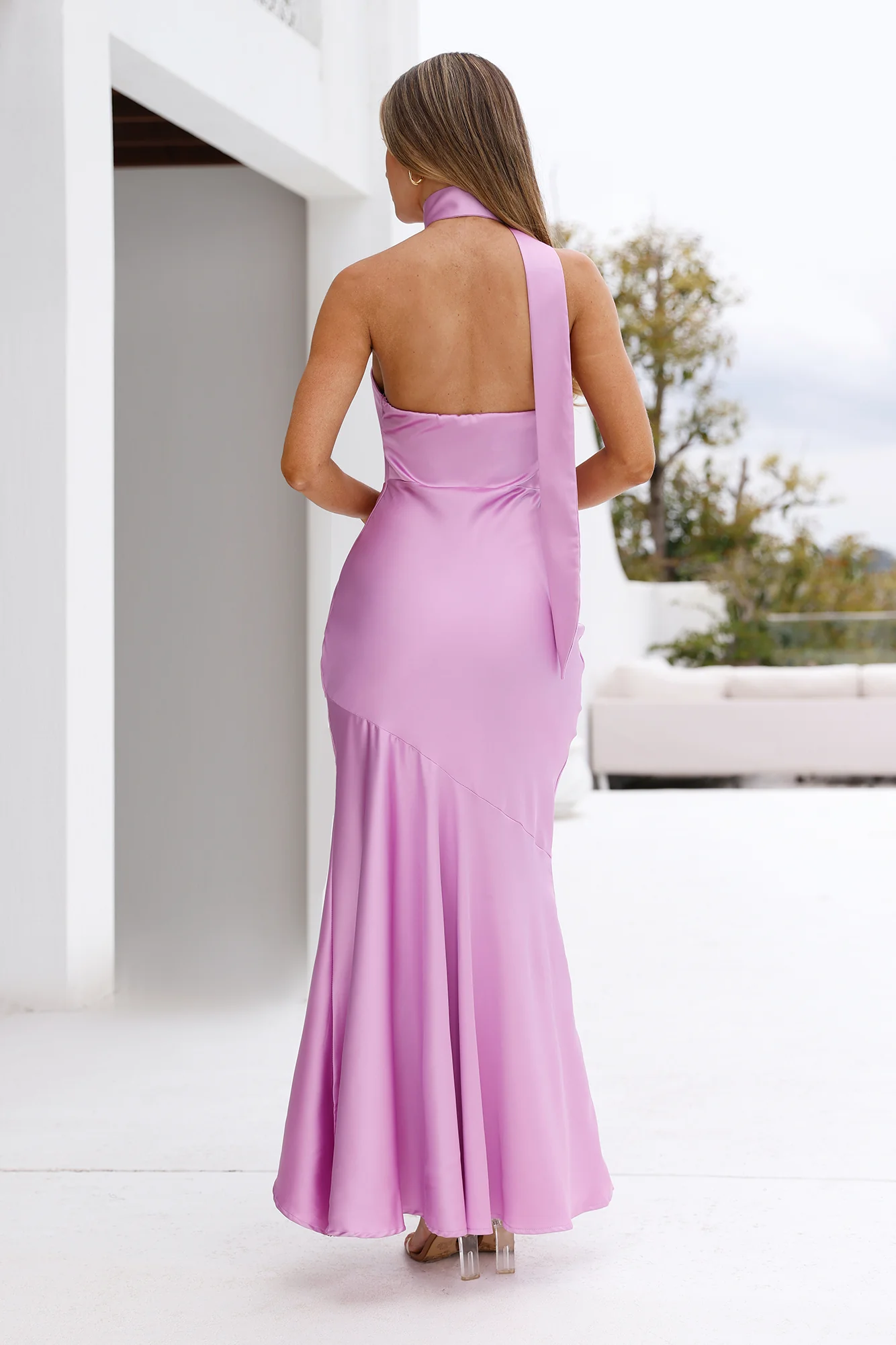 Graceful Influence Satin Halter Maxi Dress Purple
