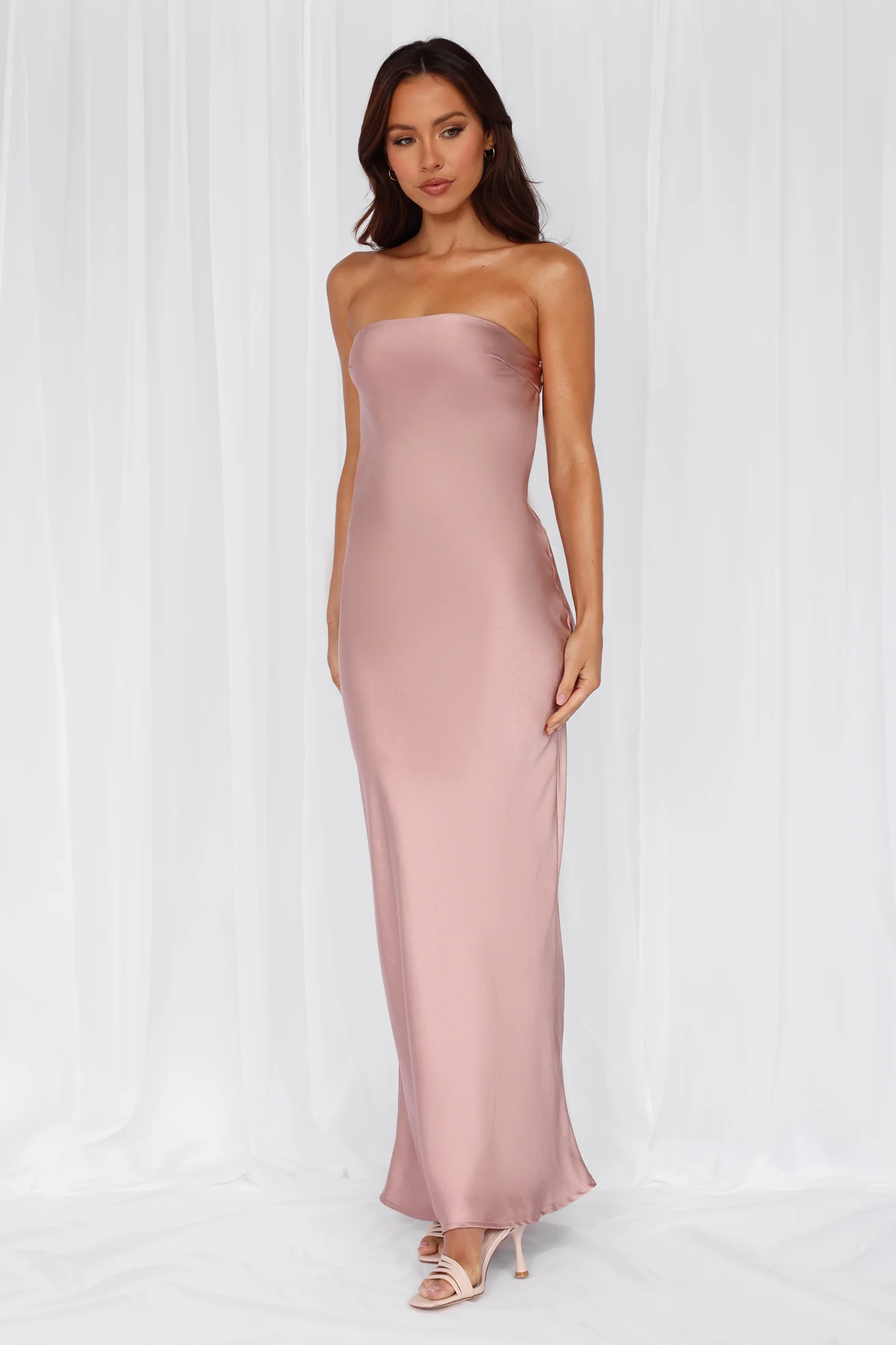 The Felicity Strapless Satin Maxi Dress Dusty Pink