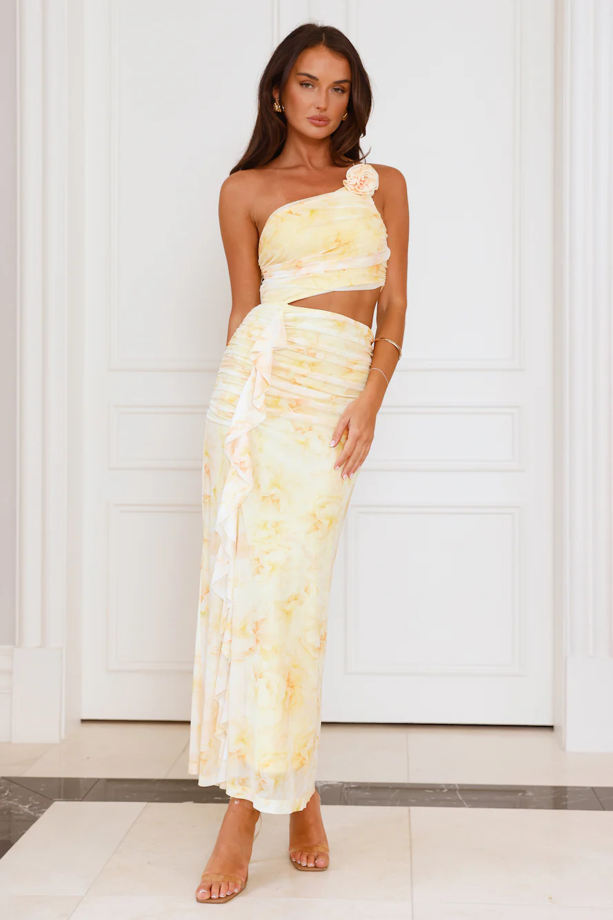 It's Real Love One Shoulder Mesh Maxi Dress Yellow