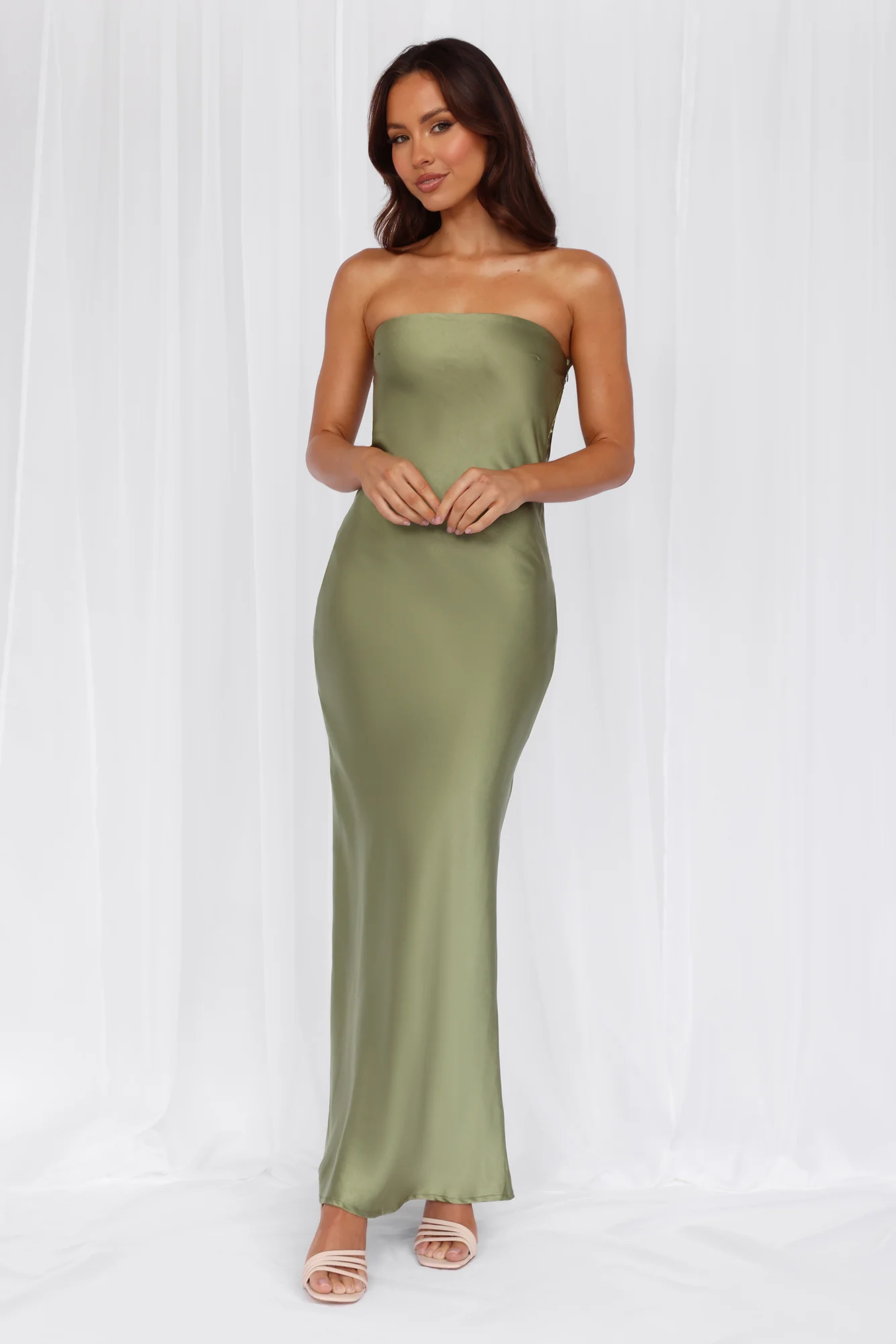 The Felicity Strapless Satin Maxi Dress Olive