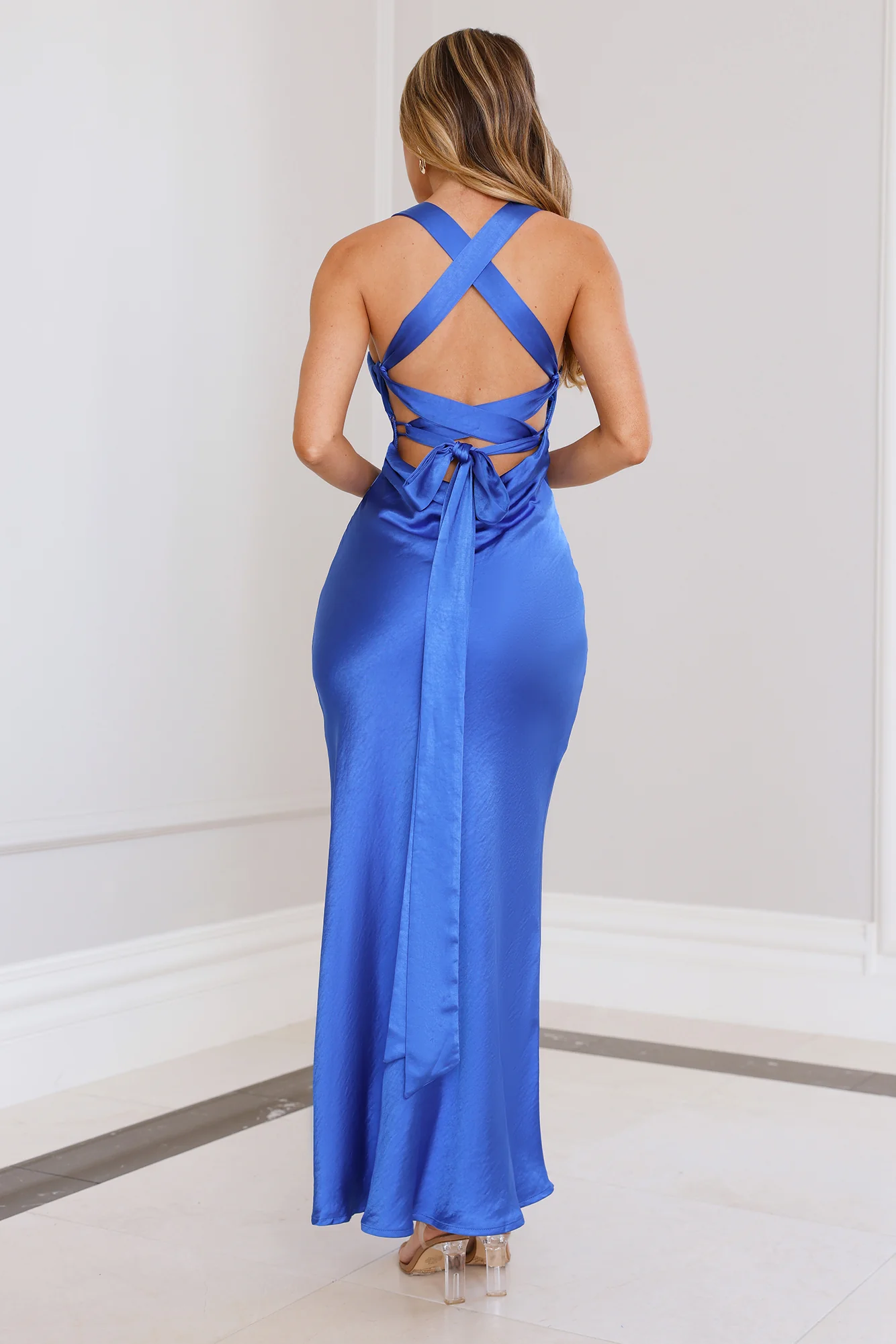 Prestigious Affair Satin Maxi Dress Cobalt
