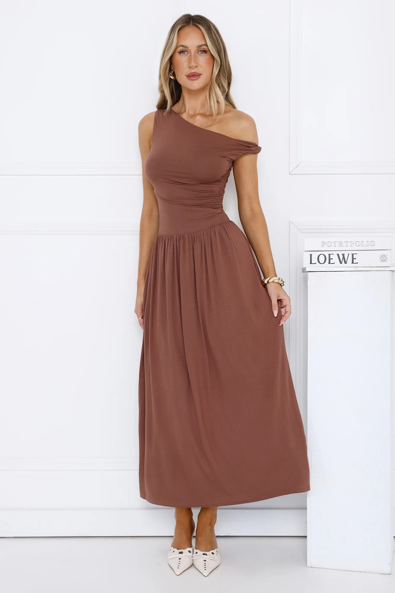 Coastal Daydream Off Shoulder Midi Dress Brown