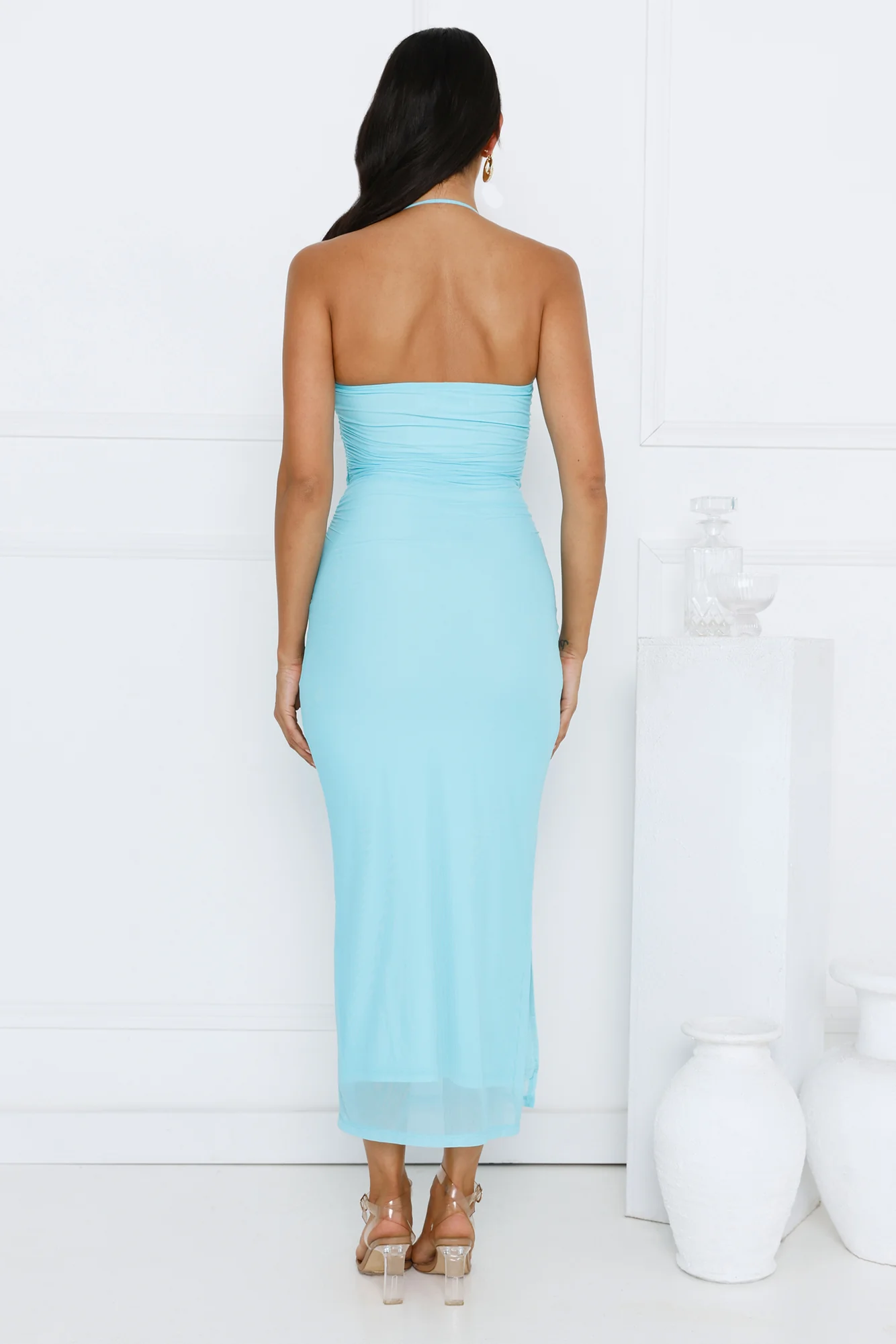 Aiko Halter Mesh Maxi Dress Blue