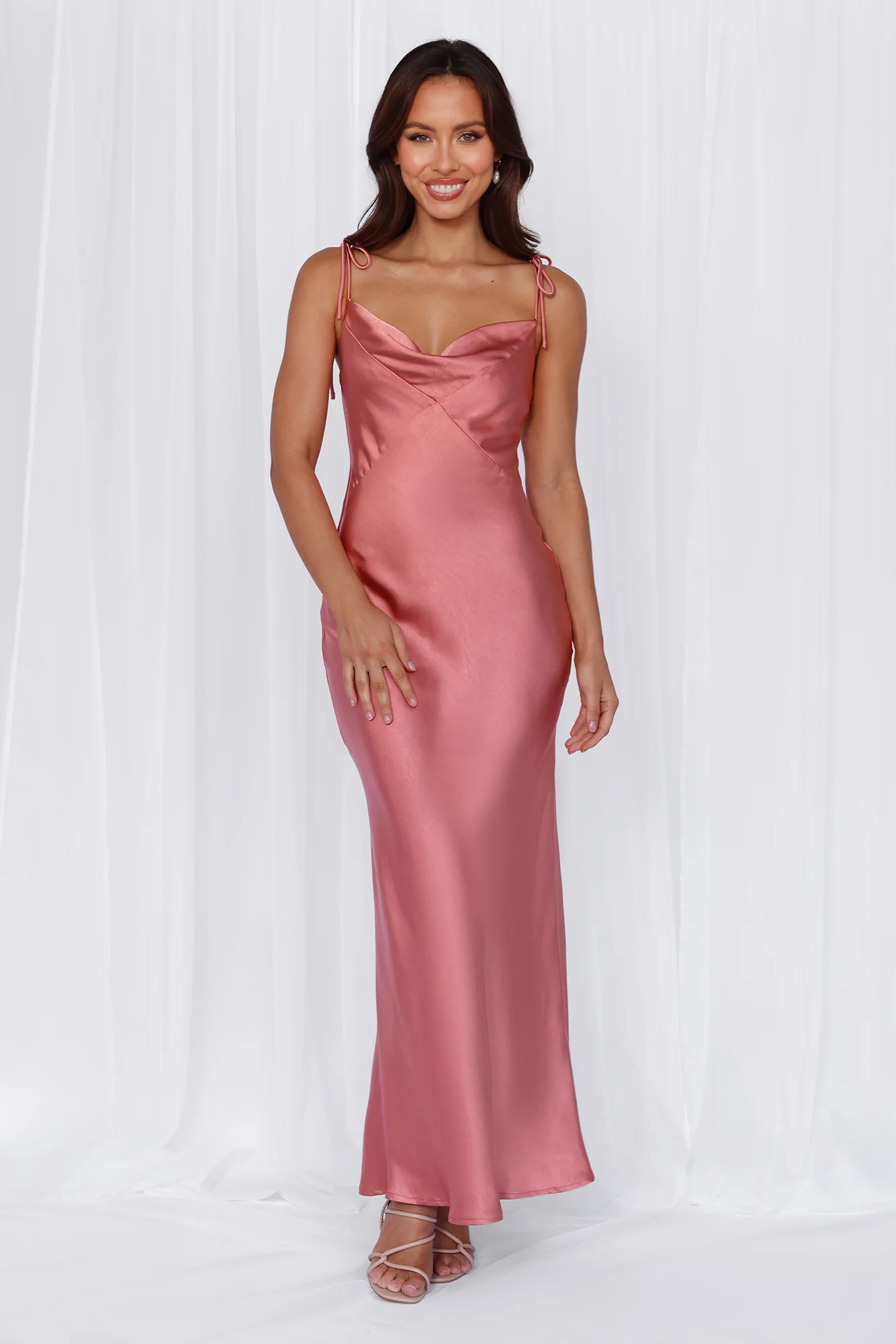 The Penelope Cowl Satin Maxi Dress Rose