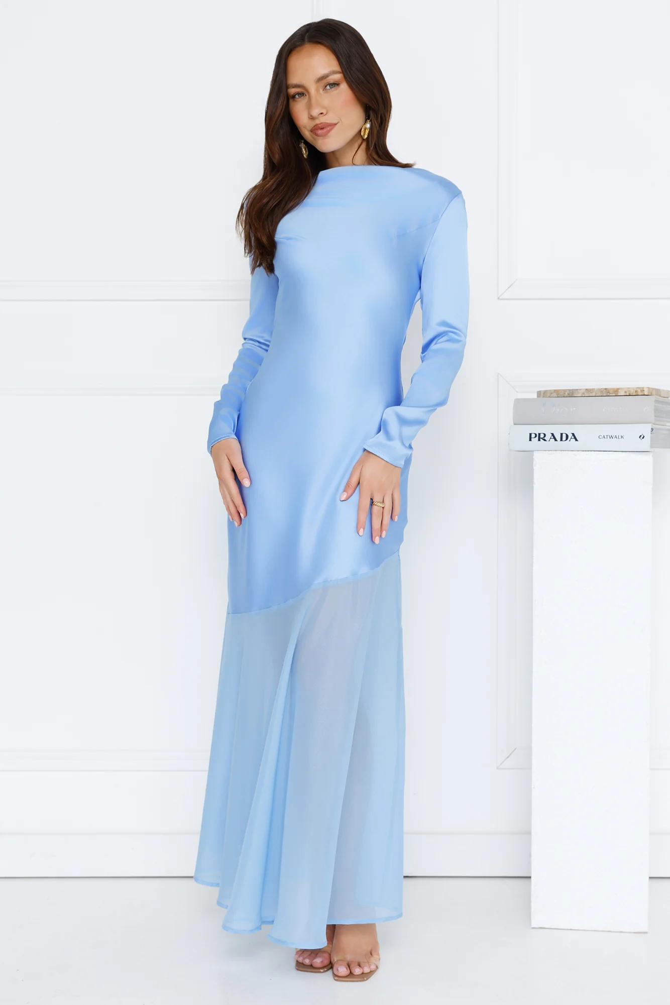 Exquisite Luxury Satin Long Sleeve Maxi Dress Blue