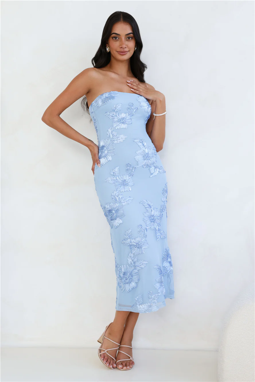 Seraphic Strapless Mesh Midi Dress Blue
