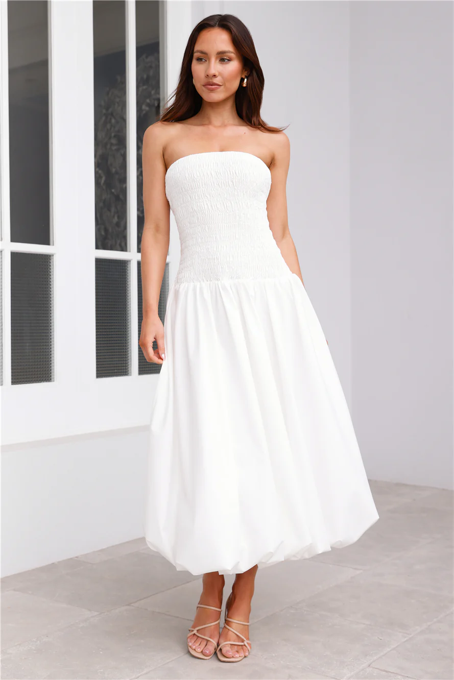 Vacay In The Maldives Strapless Bubble Midi Dress White