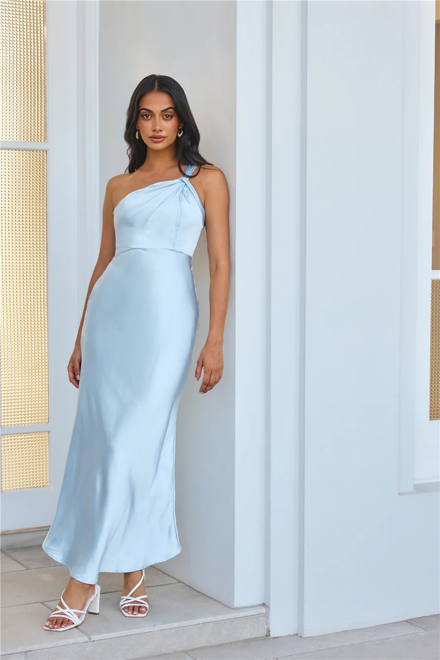 Graceful Elegance One Shoulder Satin Maxi Dress Light Blue