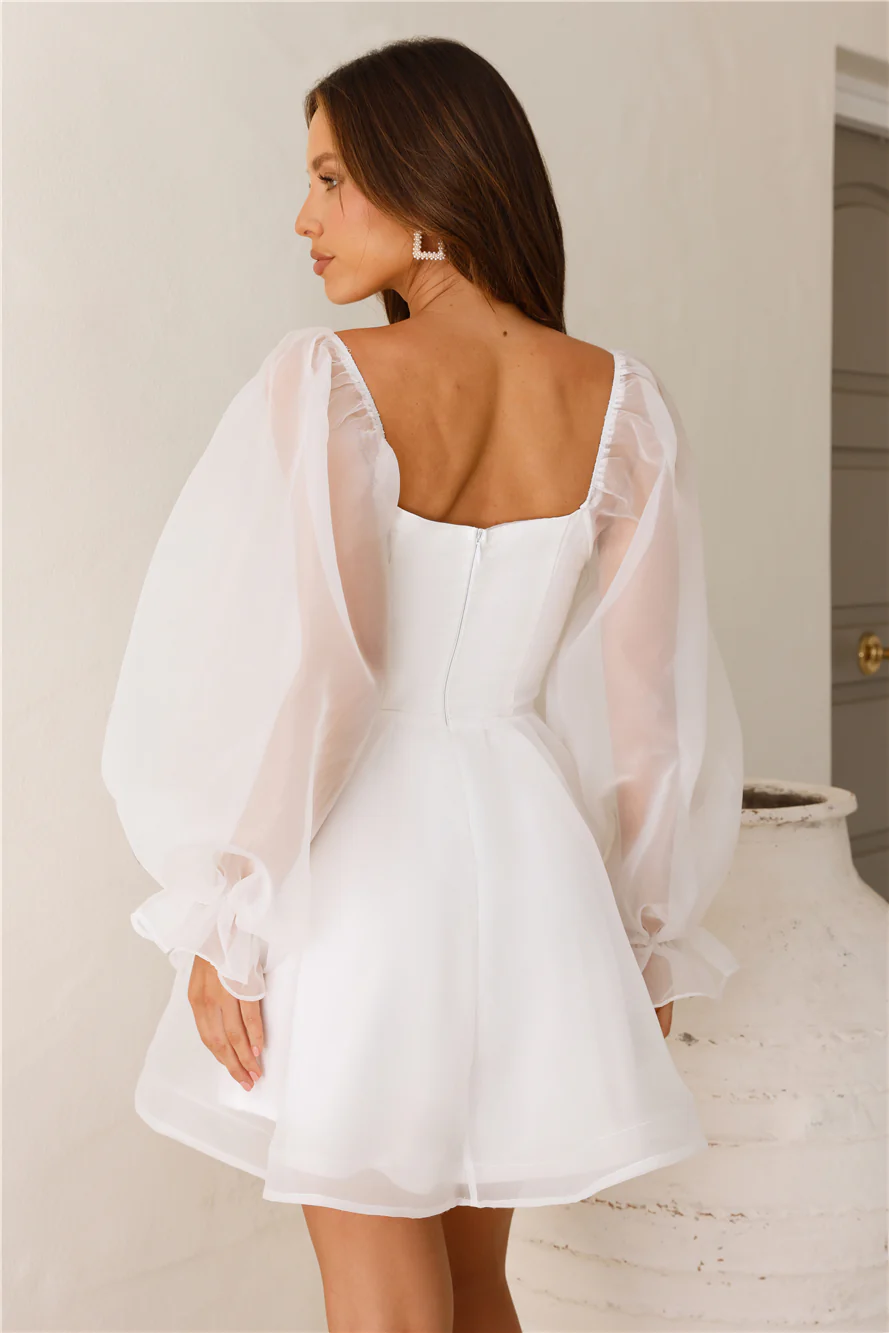 Story Book Long Sleeve Mini Dress White