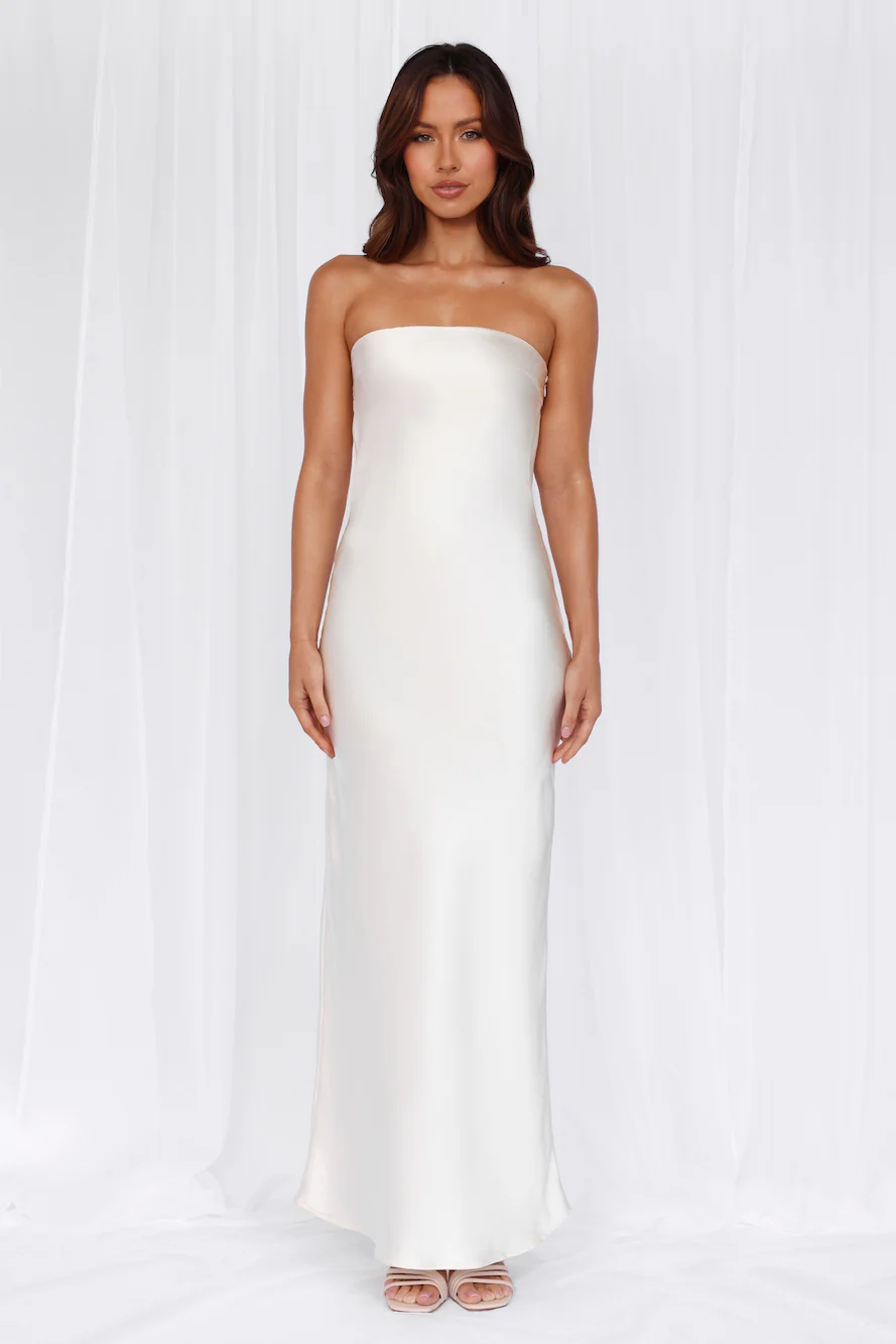 The Felicity Strapless Satin Maxi Dress Pearl