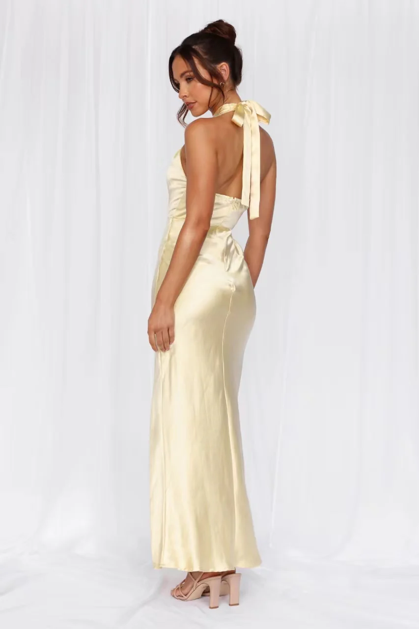 The Adeline Halter Satin Maxi Dress Yellow