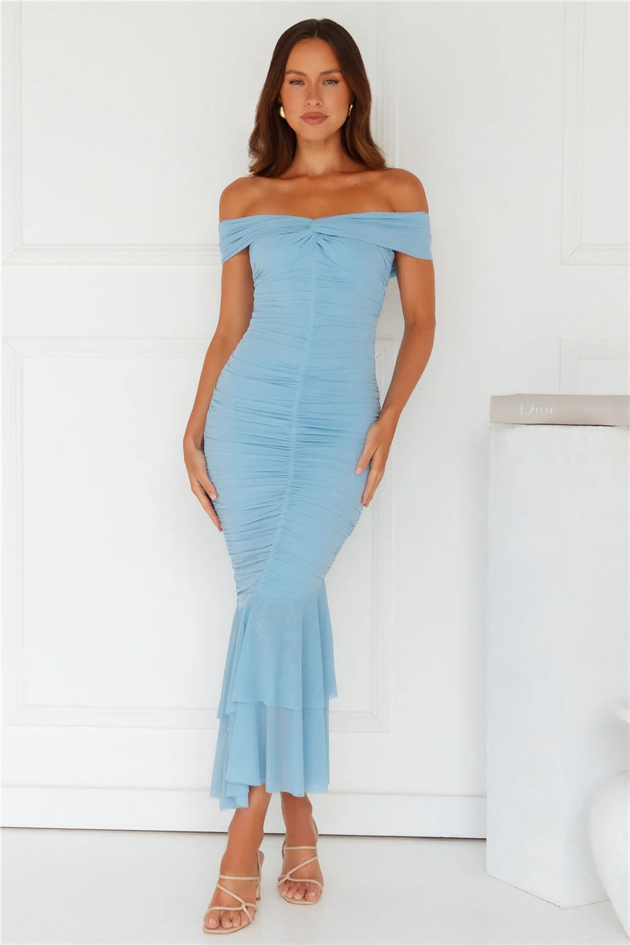 Tanisha Off Shoulder Mesh Midi Dress Blue