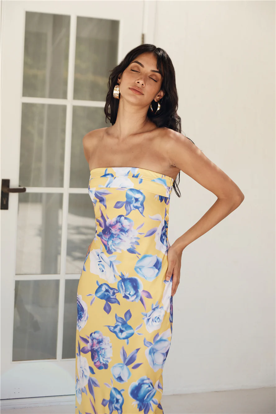Impressive Me Strapless Satin Maxi Dress Yellow