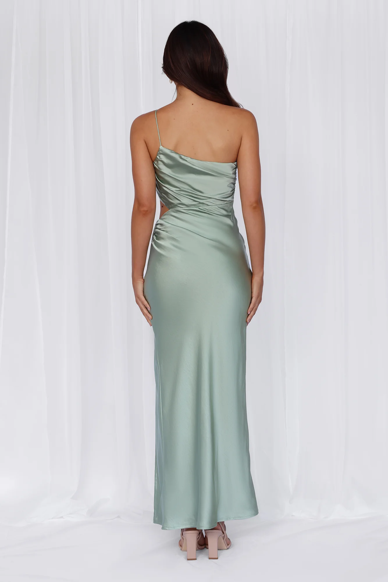 HELLO MOLLY The Opal One Shoulder Satin Maxi Dress Sage