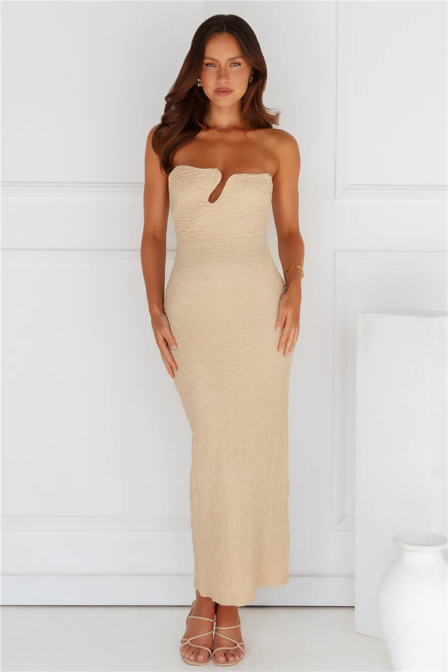 Majestic Heights Strapless Midi Dress Beige