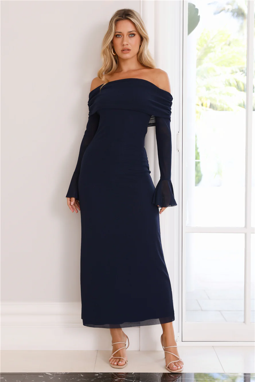 Decadence Off Shoulder Mesh Maxi Dress Navy